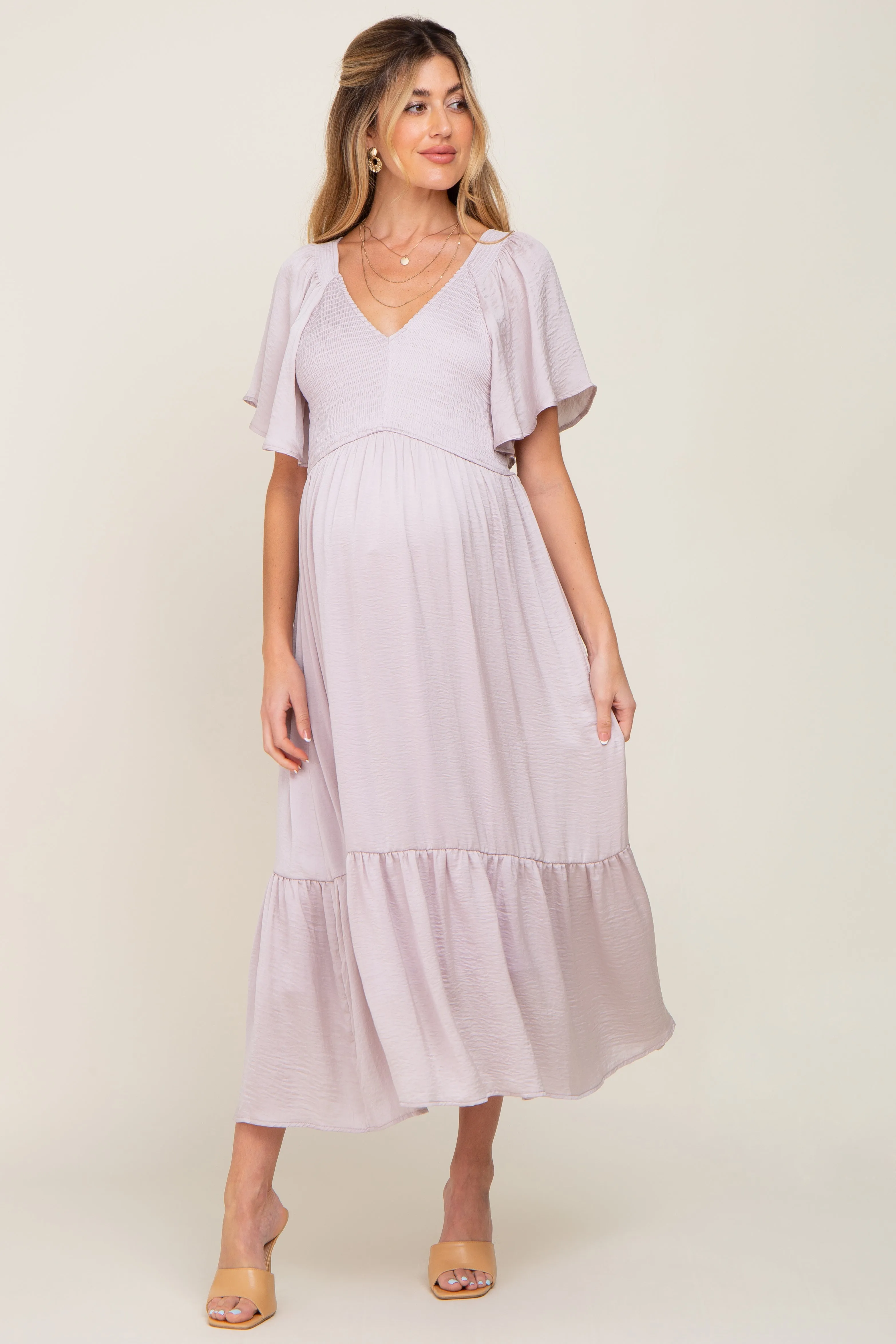 Grey Lavender Satin Smocked Maternity Midi Dress sold by Pinkblush