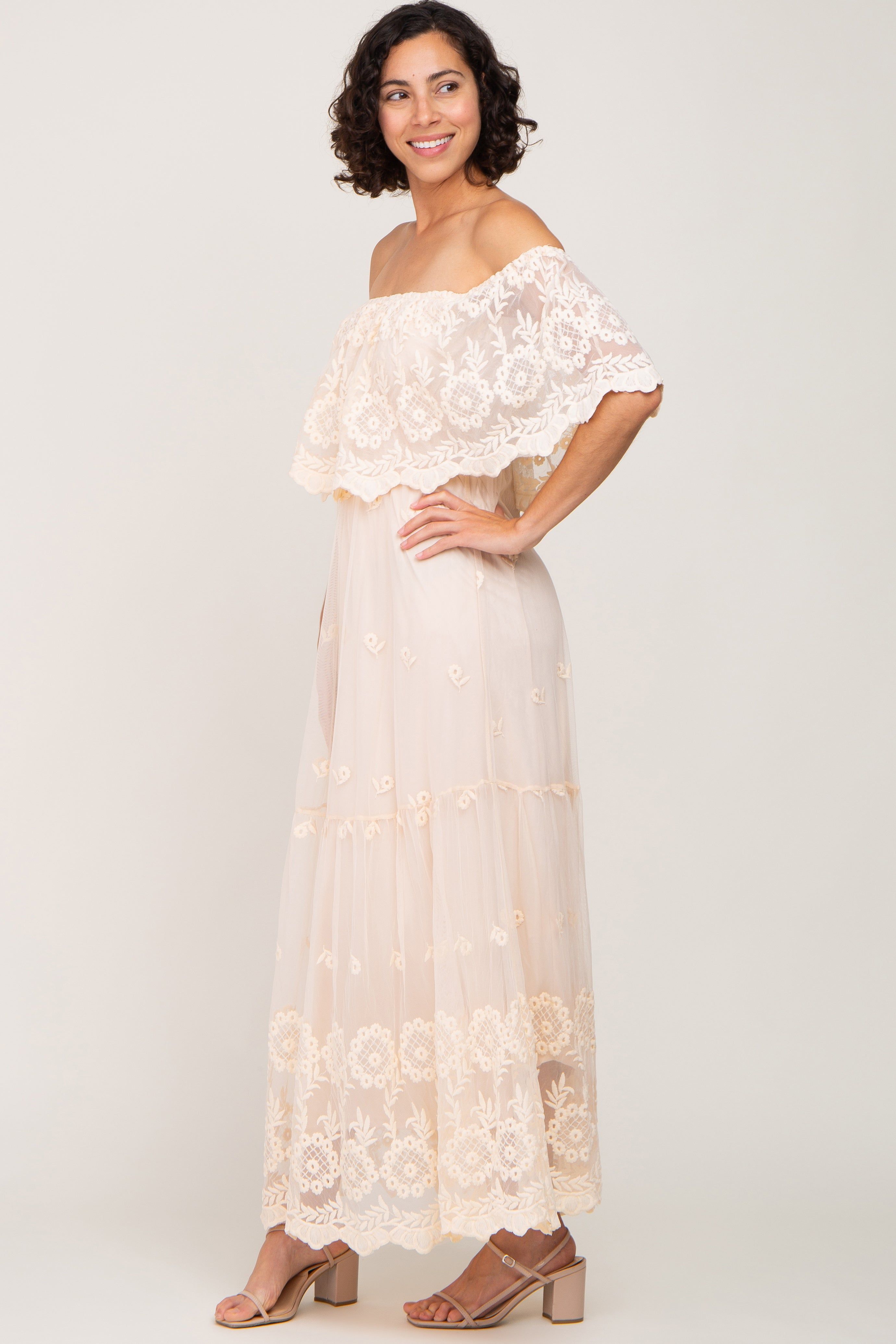 Beige Overlay Off Shoulder Maxi Dress sold by Pinkblush product image thumbnail 2