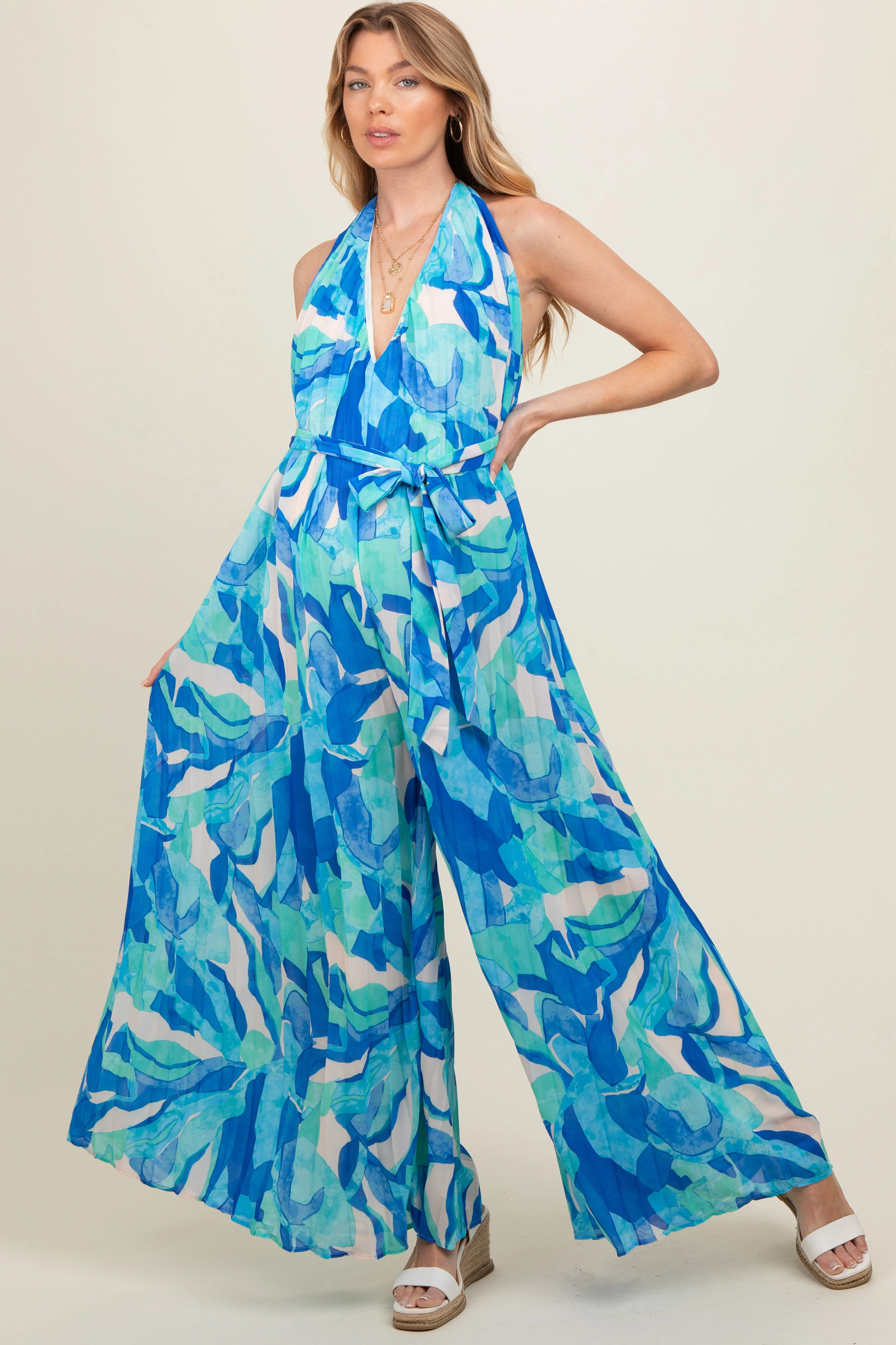 Blue Printed Halter Neck Wide Leg Maternity Jumpsuit sold by Pinkblush product image thumbnail 3