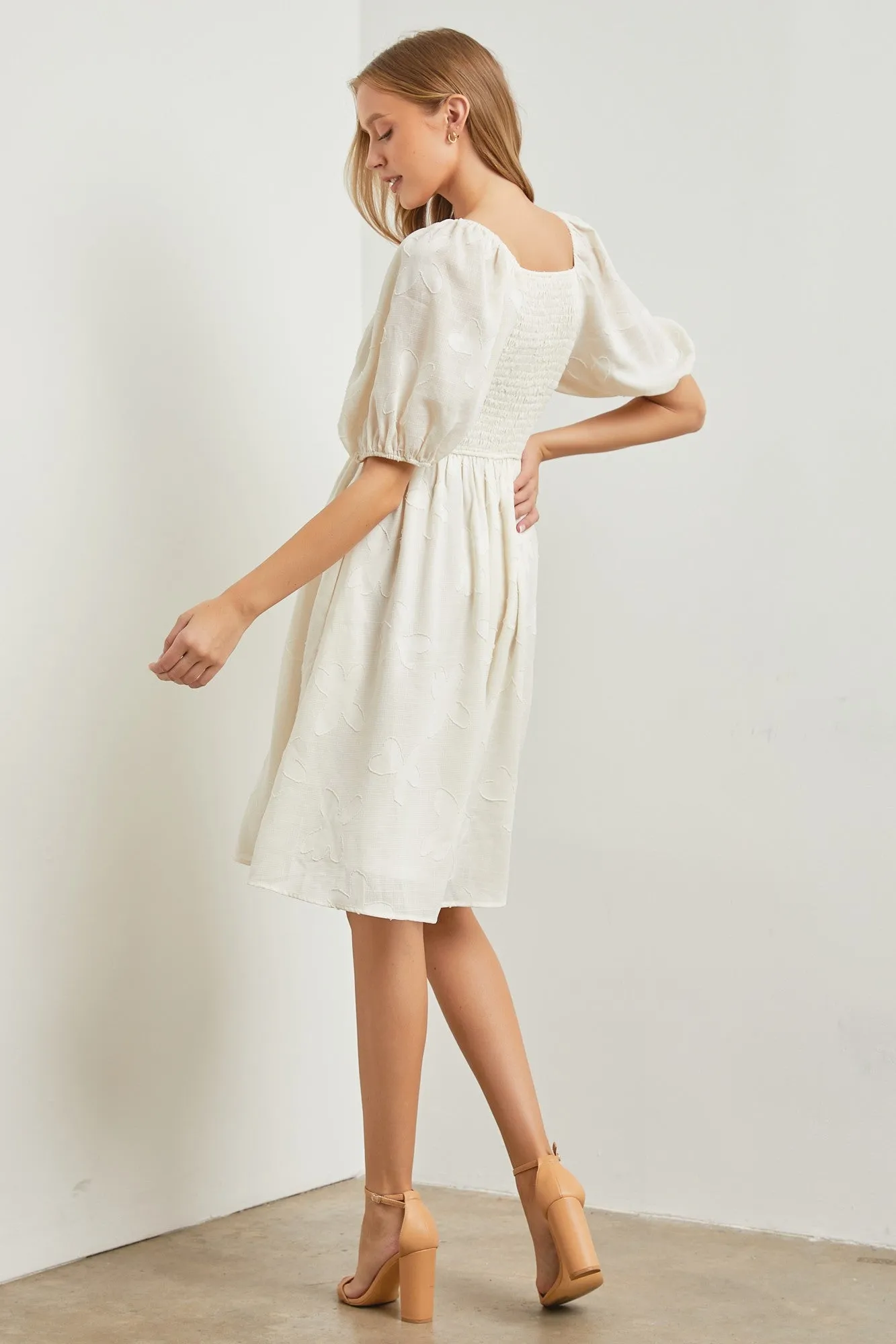 Cream Textured Floral Square Neck Puff Sleeve Dress sold by Pinkblush product image thumbnail 3