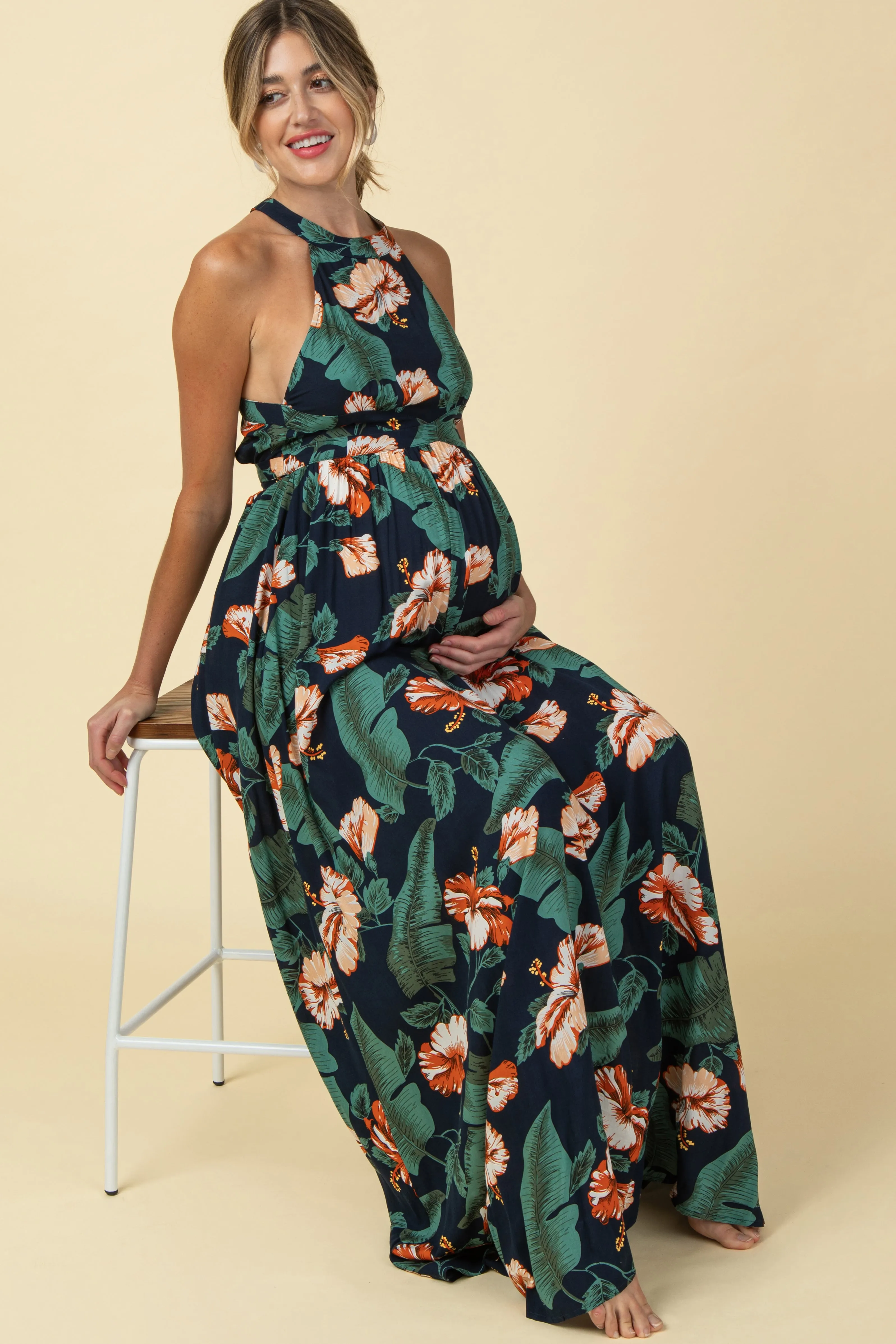 Navy Blue Palm Print Cross Back Maternity Maxi Dress sold by Pinkblush product image thumbnail 4