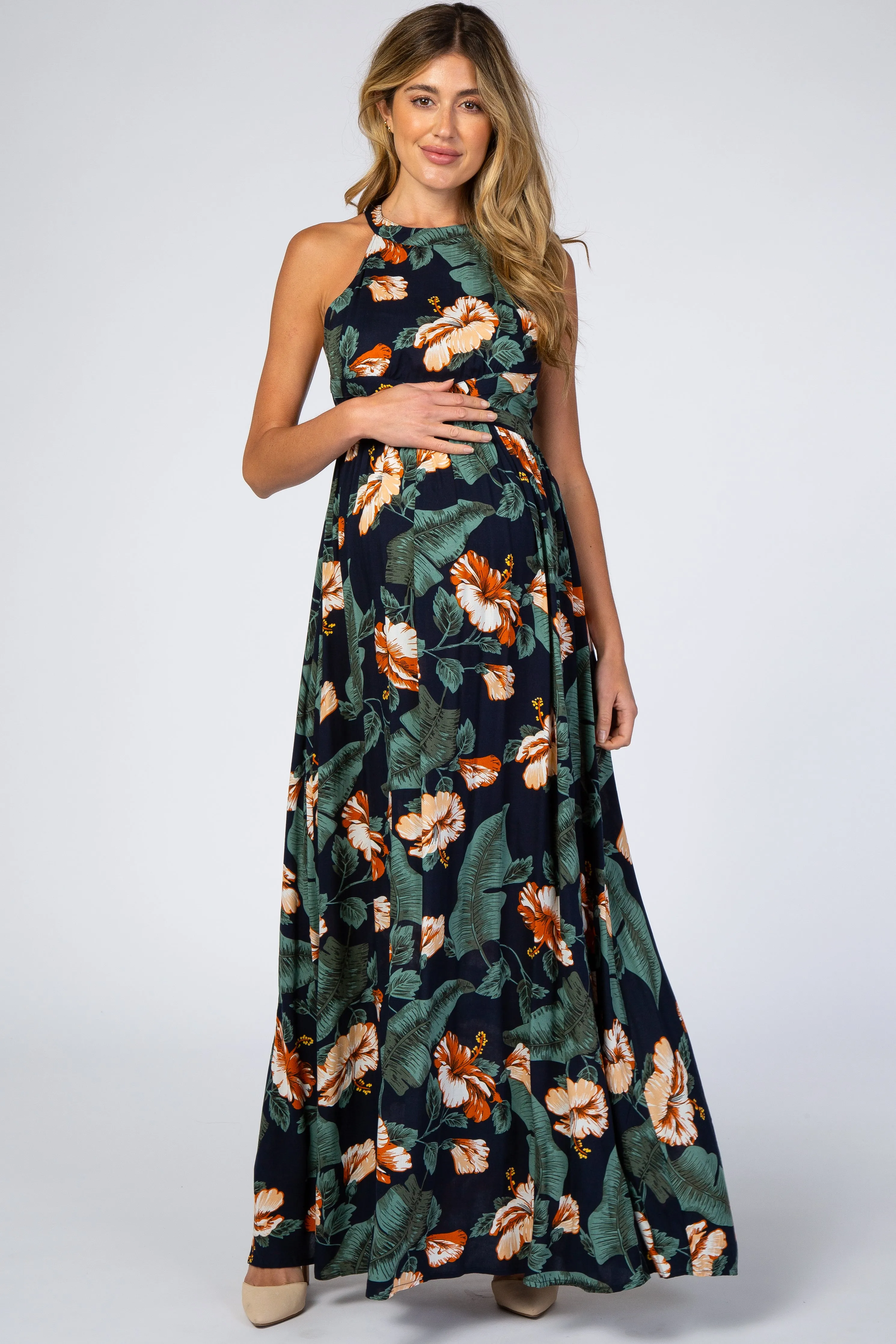 Navy Blue Palm Print Cross Back Maternity Maxi Dress sold by Pinkblush