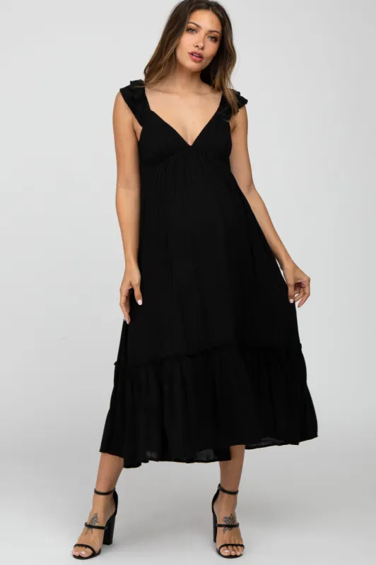 Black Ruffle Accent Maternity Midi Dress sold by Pinkblush