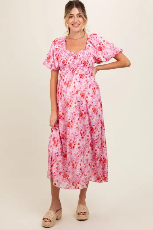 Pink Floral Smocked Sweetheart Neck Short Puff Sleeve Maternity Midi Dress sold by Pinkblush