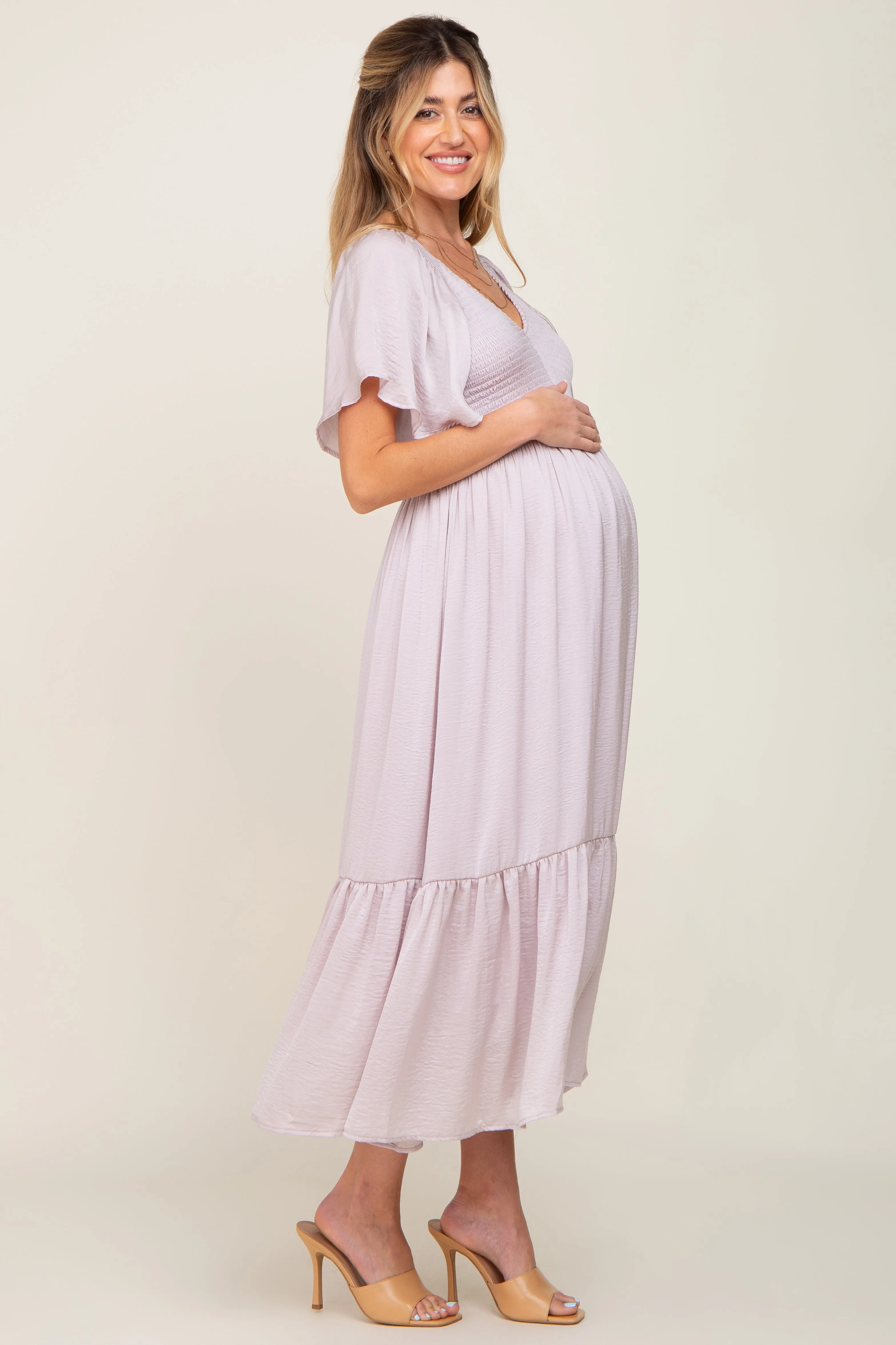 Grey Lavender Satin Smocked Maternity Midi Dress sold by Pinkblush product image thumbnail 2