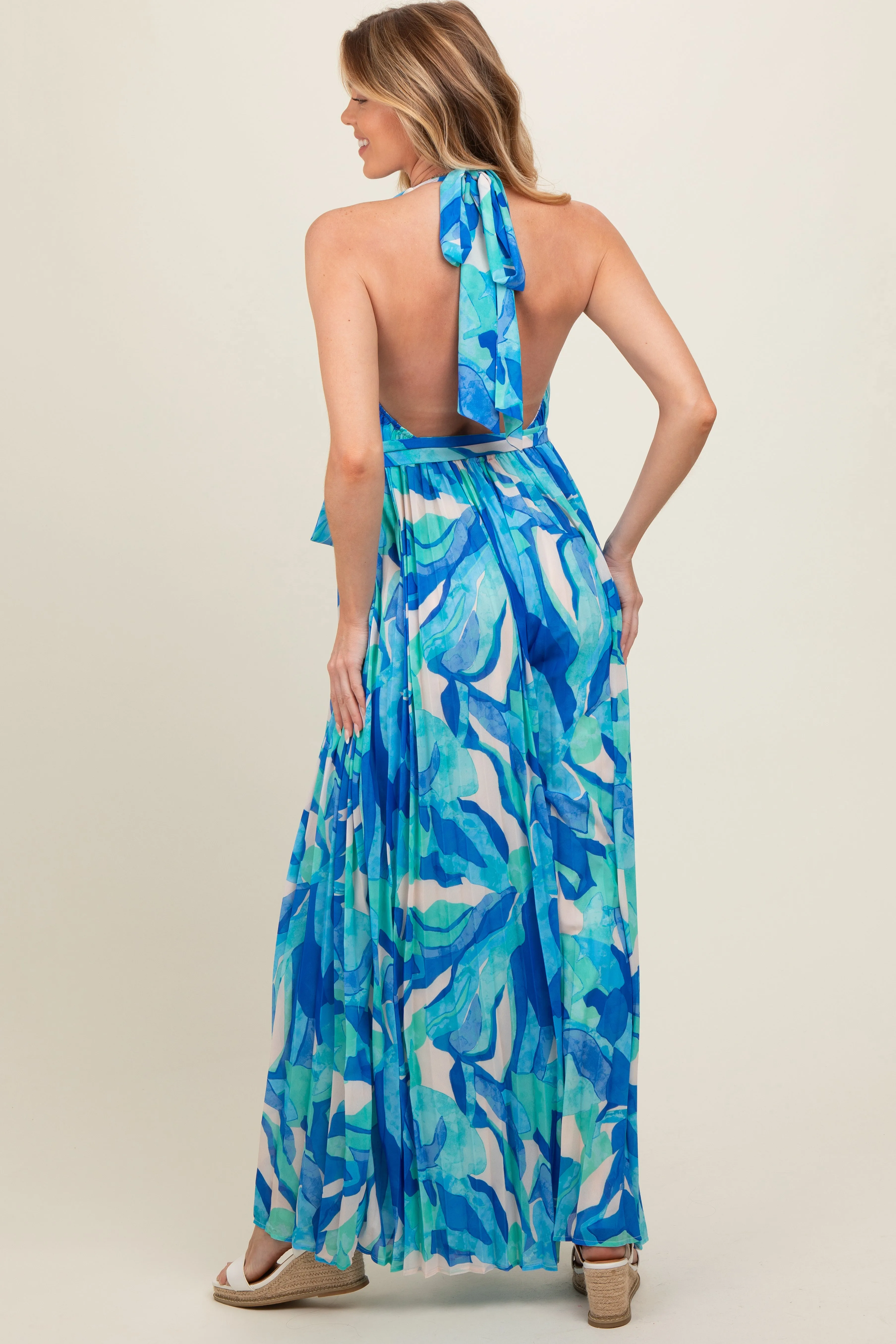 Blue Printed Halter Neck Wide Leg Maternity Jumpsuit sold by Pinkblush product image thumbnail 4