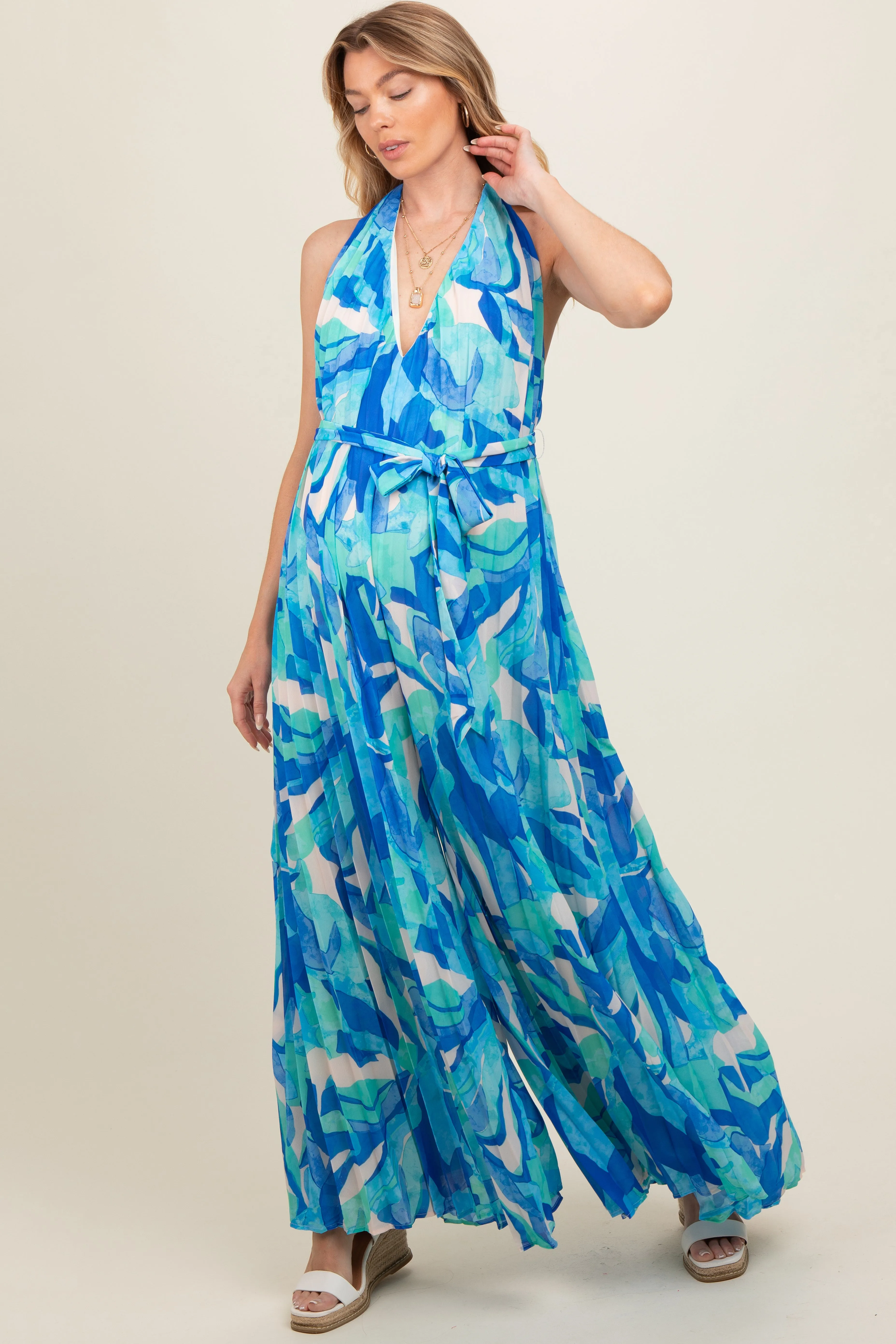 Blue Printed Halter Neck Wide Leg Maternity Jumpsuit sold by Pinkblush