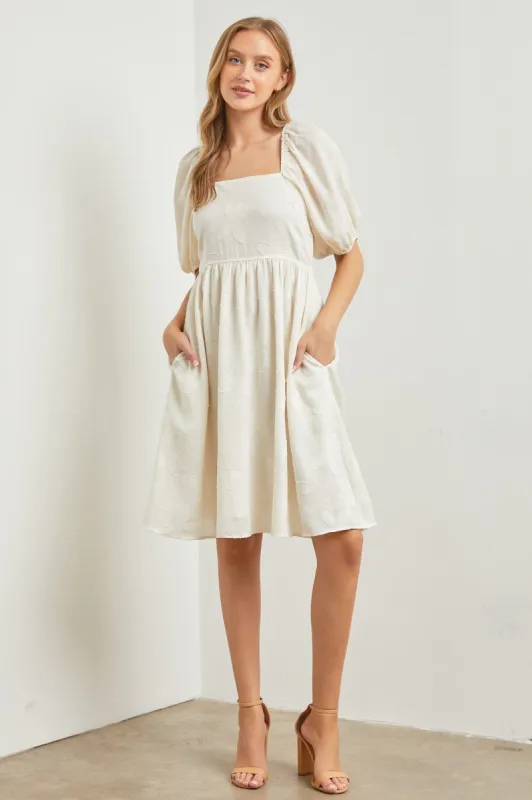 Cream Textured Floral Square Neck Puff Sleeve Dress sold by Pinkblush