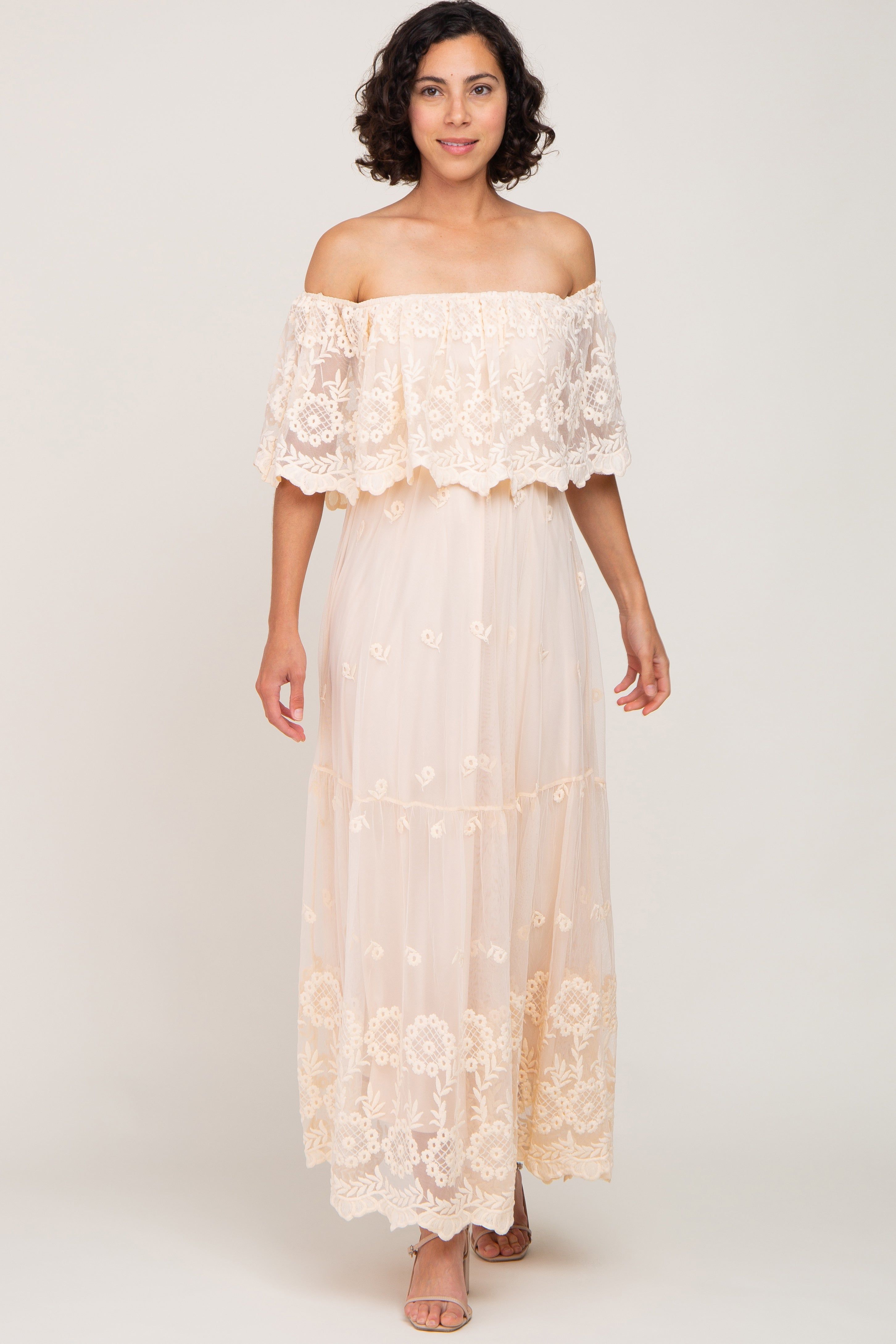 Beige Overlay Off Shoulder Maxi Dress sold by Pinkblush product image thumbnail 4