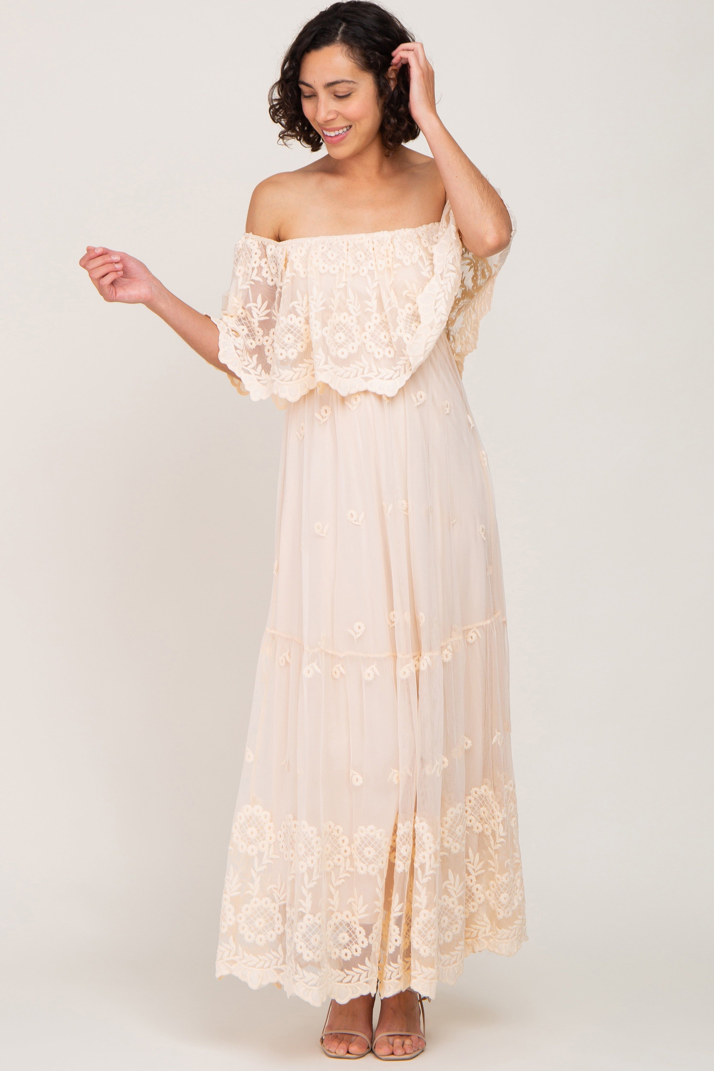 Beige Overlay Off Shoulder Maxi Dress sold by Pinkblush