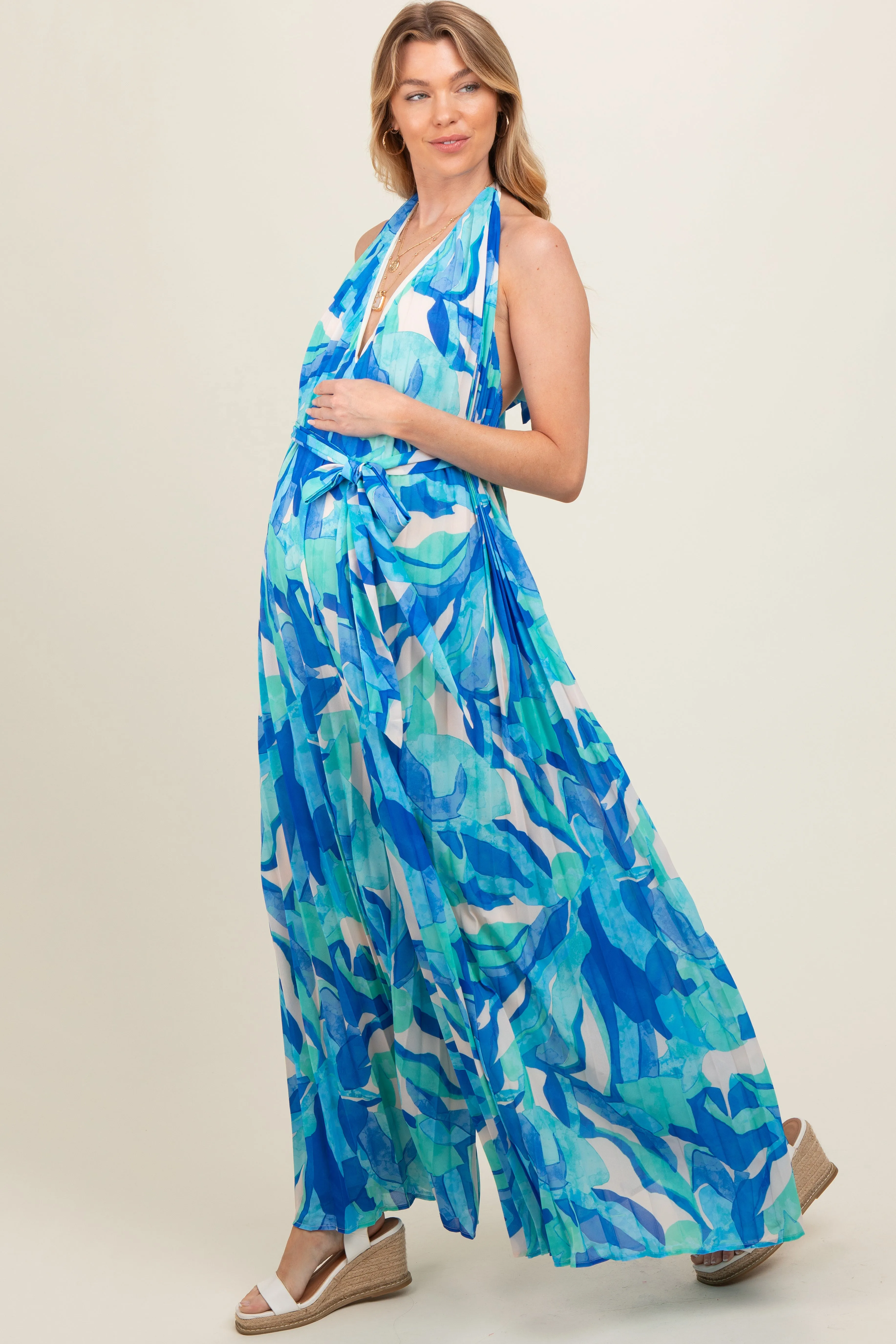 Blue Printed Halter Neck Wide Leg Maternity Jumpsuit sold by Pinkblush product image thumbnail 2