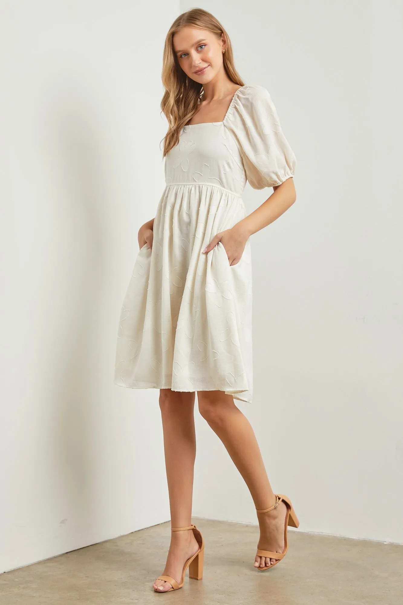 Cream Textured Floral Square Neck Puff Sleeve Dress sold by Pinkblush product image thumbnail 2