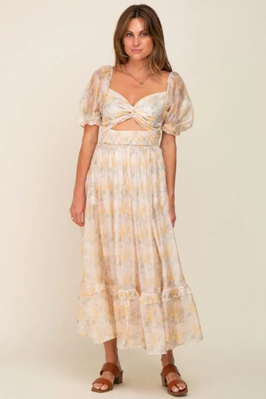 Yellow Floral Shimmer Sweetheart Neck Front Cutout Midi Dress made by Pinkblush