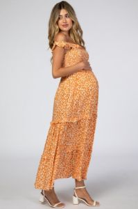 Orange Floral Ruffle Smocked Maternity Maxi Dress sold by Pinkblush