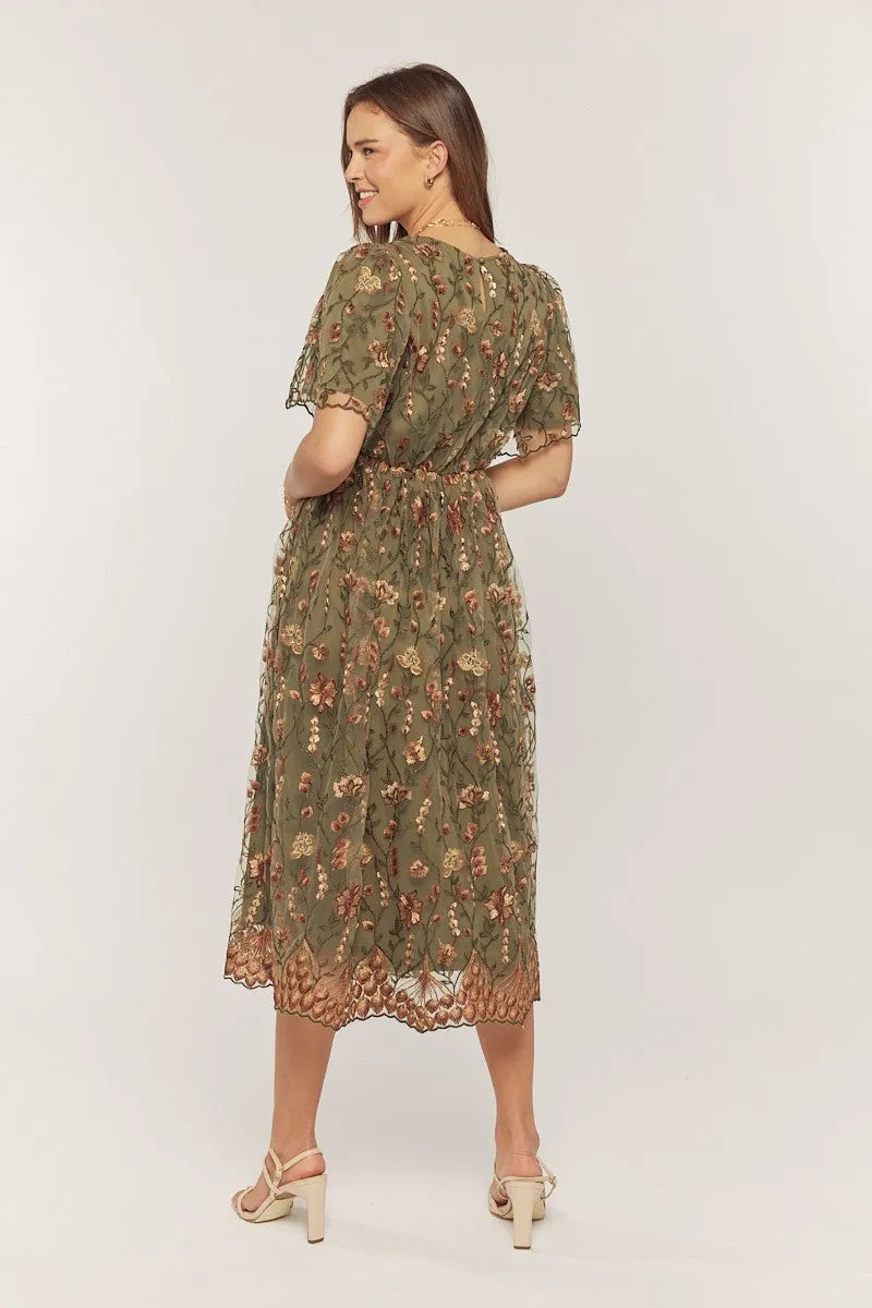 Olive Floral Embroidered Mesh Overlay Midi Dress sold by Pinkblush product image thumbnail 4