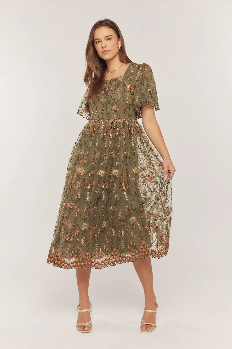Olive Floral Embroidered Mesh Overlay Midi Dress sold by Pinkblush
