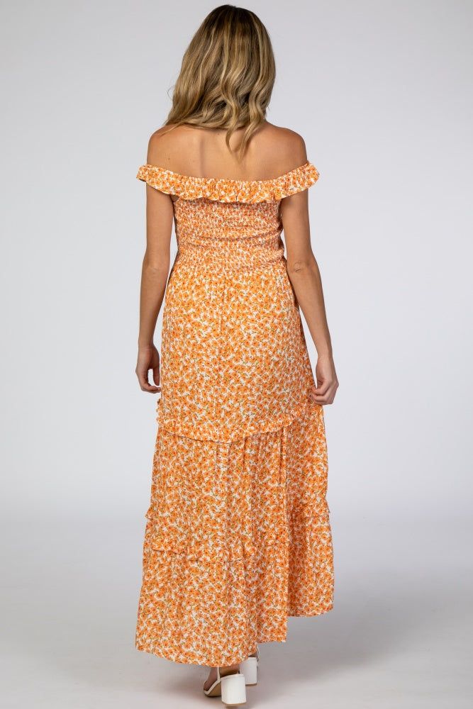 Orange Floral Ruffle Smocked Maternity Maxi Dress sold by Pinkblush product image thumbnail 3