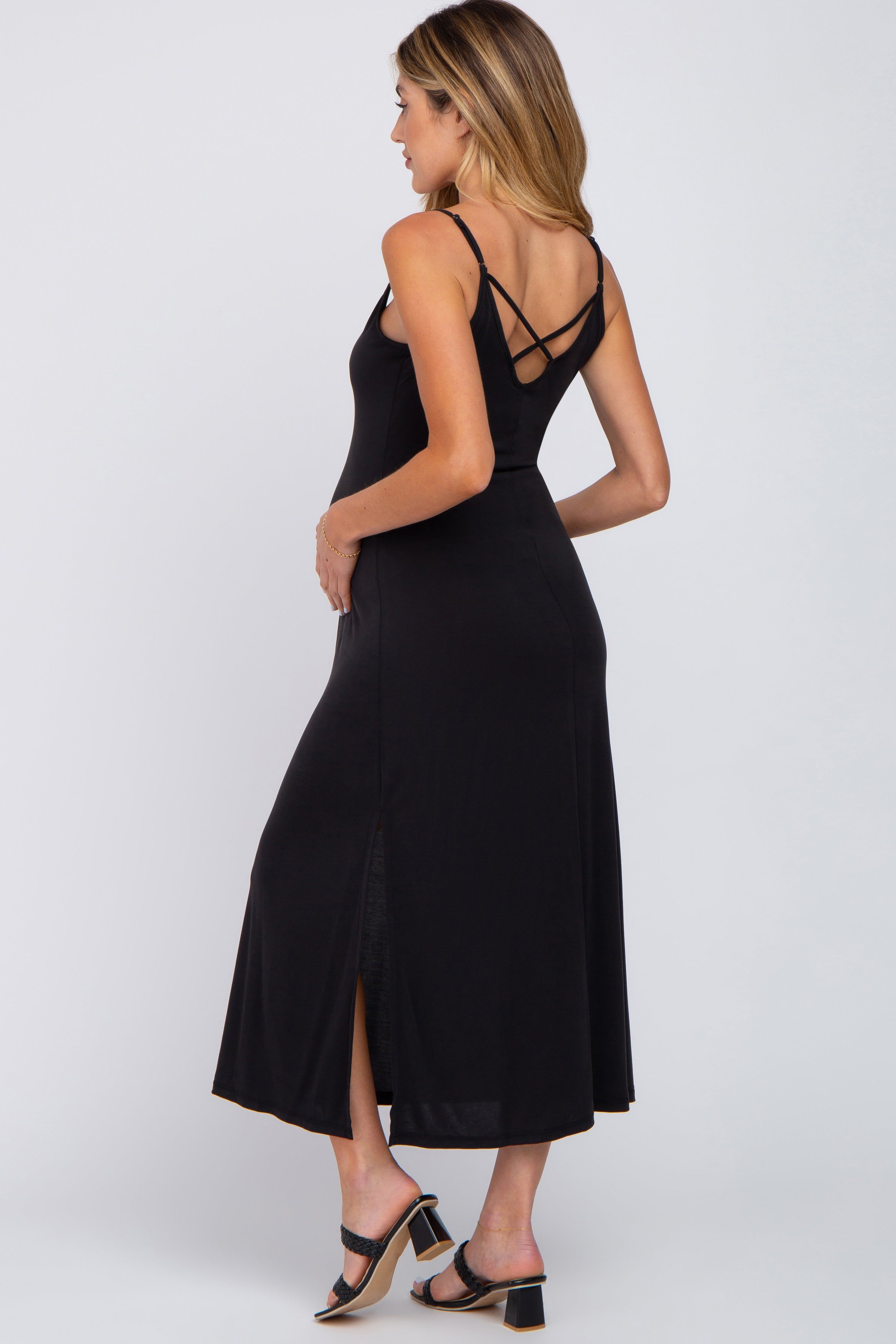 Black V-Neck Criss Cross Back Side Slit Maternity Midi Dress sold by Pinkblush product image thumbnail 3