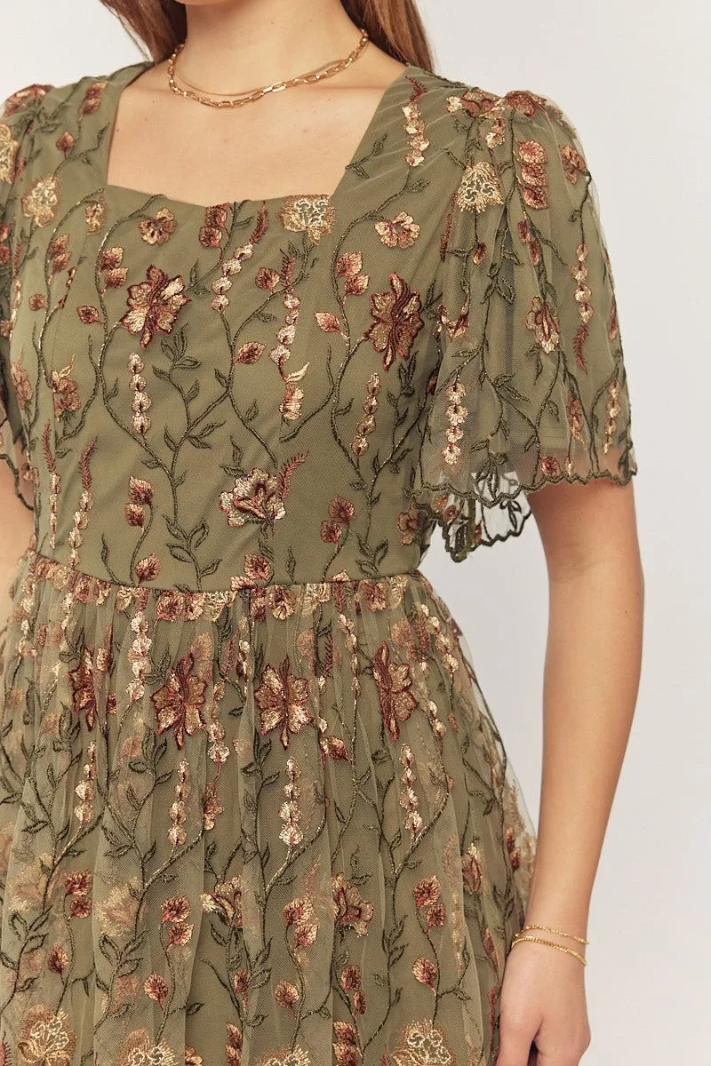 Olive Floral Embroidered Mesh Overlay Midi Dress sold by Pinkblush product image thumbnail 5