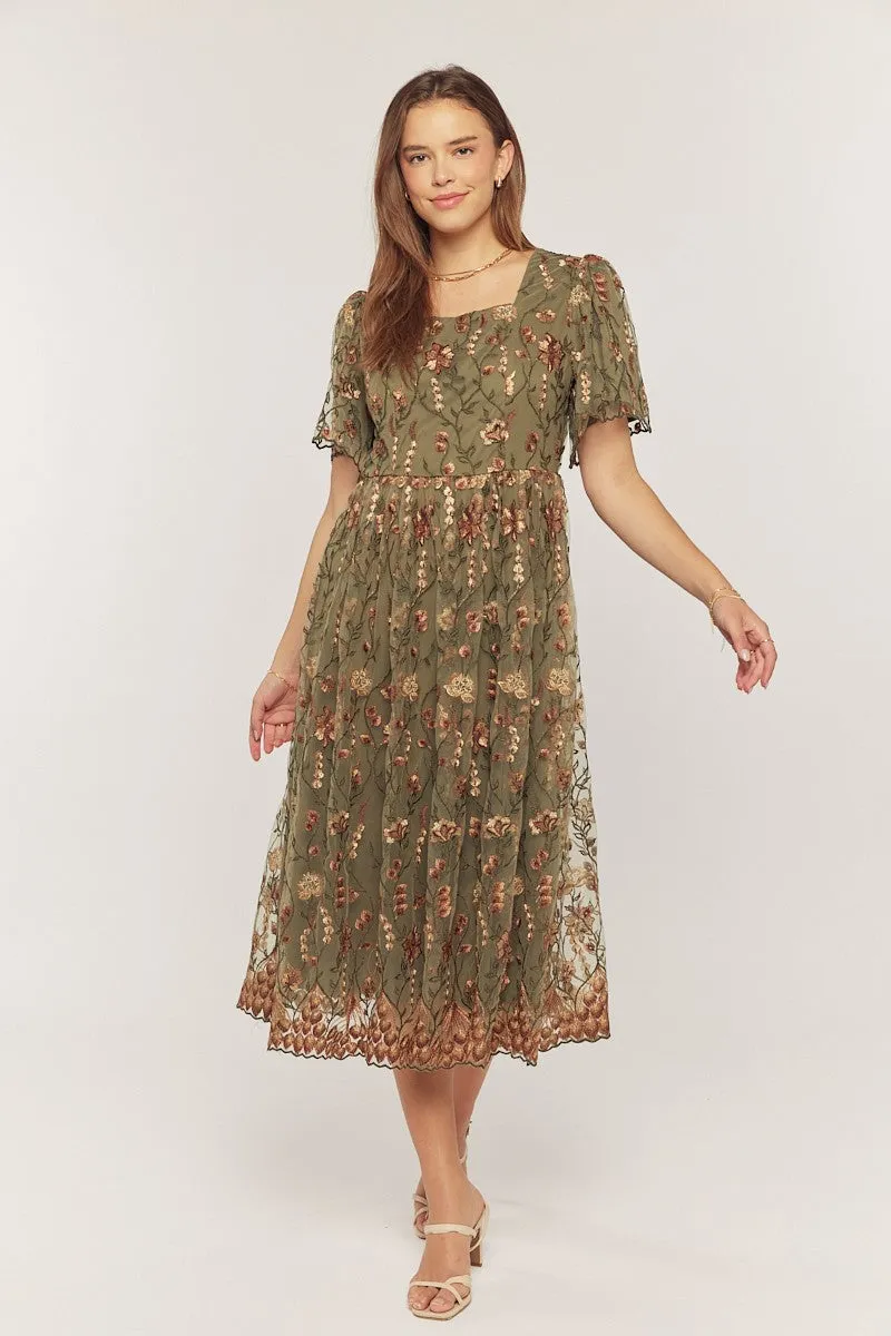 Olive Floral Embroidered Mesh Overlay Midi Dress sold by Pinkblush product image thumbnail 2