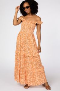 Orange Floral Ruffle Smocked Maternity Maxi Dress sold by Pinkblush