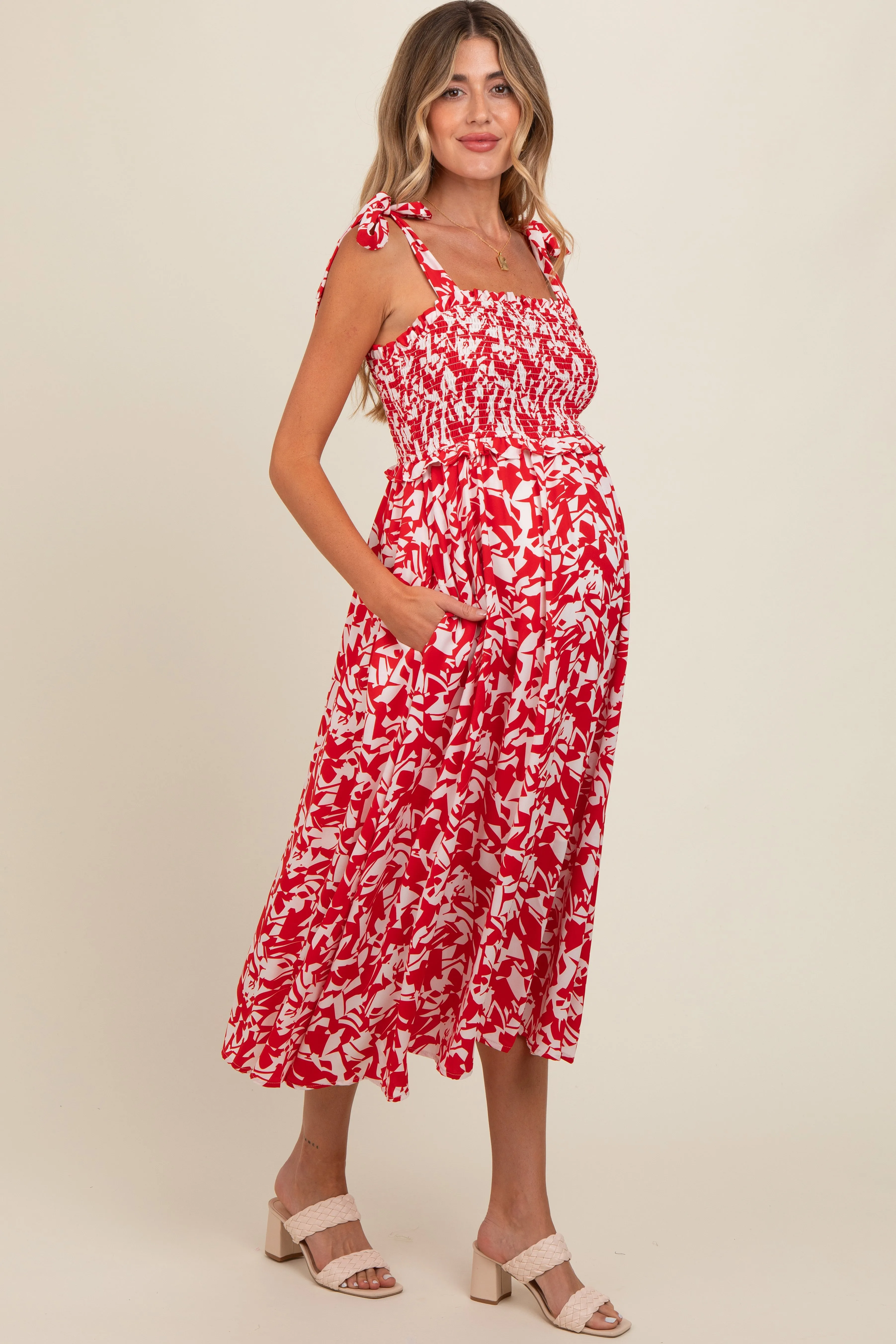 Red Printed Smocked Shoulder Tie Maternity Midi Dress sold by Pinkblush product image thumbnail 3