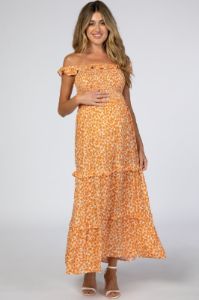 Orange Floral Ruffle Smocked Maternity Maxi Dress sold by Pinkblush