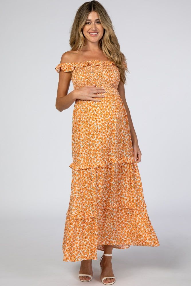 Orange Floral Ruffle Smocked Maternity Maxi Dress sold by Pinkblush