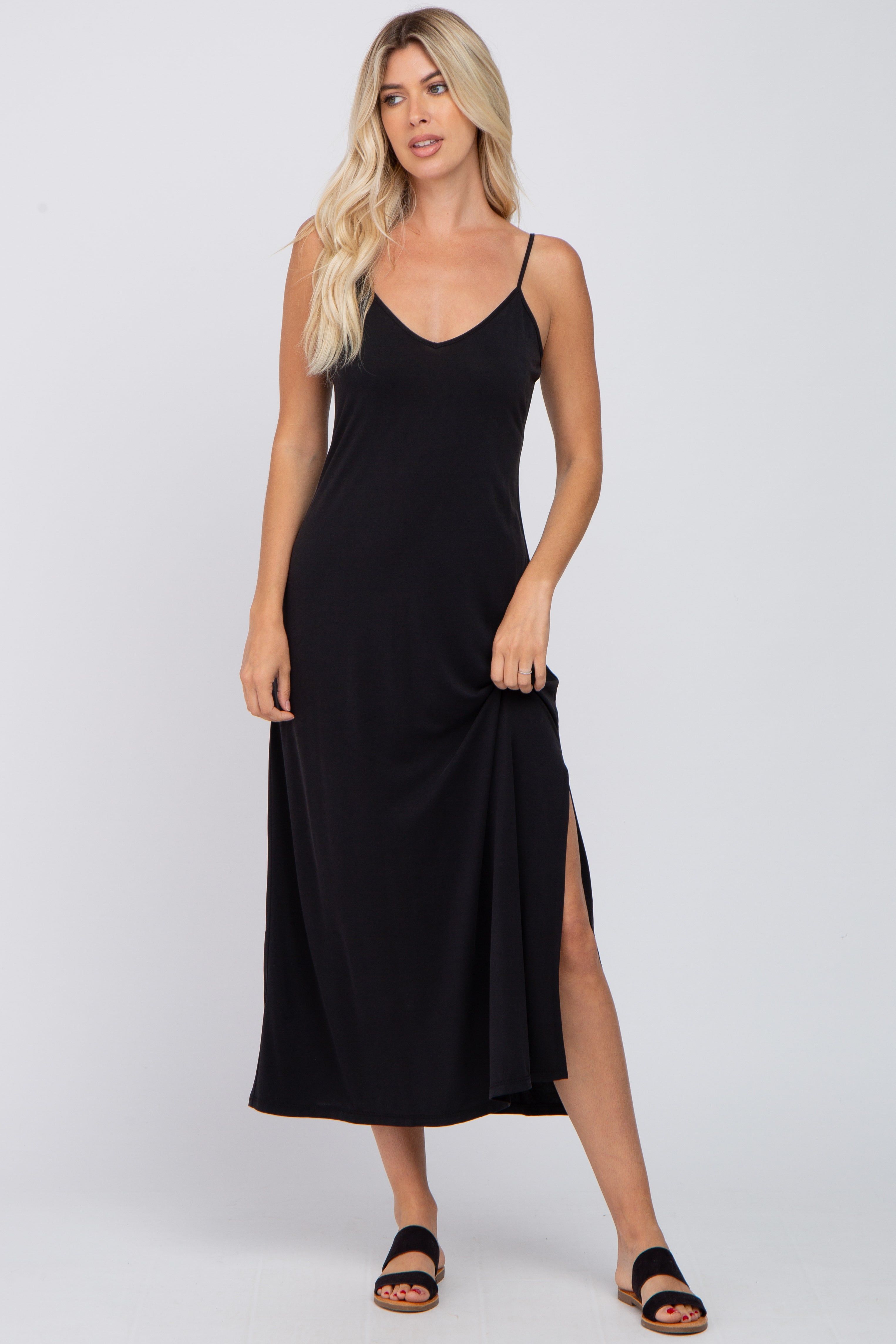 Black V-Neck Criss Cross Back Side Slit Maternity Midi Dress sold by Pinkblush product image thumbnail 4