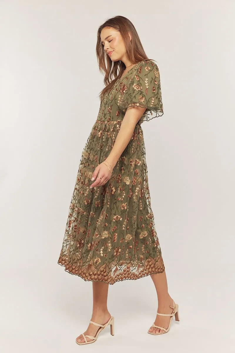 Olive Floral Embroidered Mesh Overlay Midi Dress sold by Pinkblush product image thumbnail 3