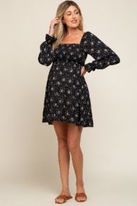Black Floral Smocked Lace Up Back Maternity Dress sold by Pinkblush