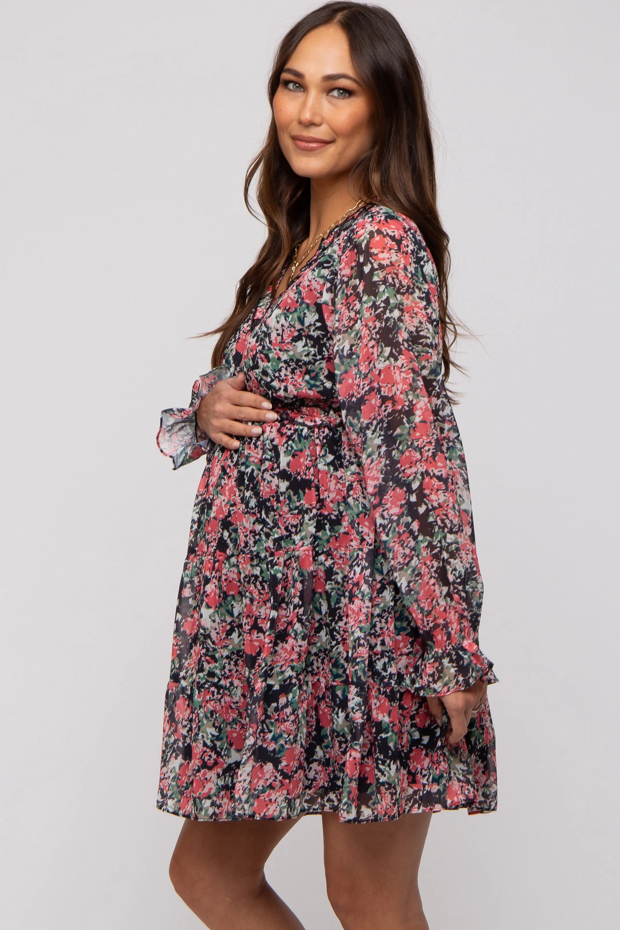 Black Floral Ruffle Accent Maternity Dress sold by Pinkblush product image thumbnail 2