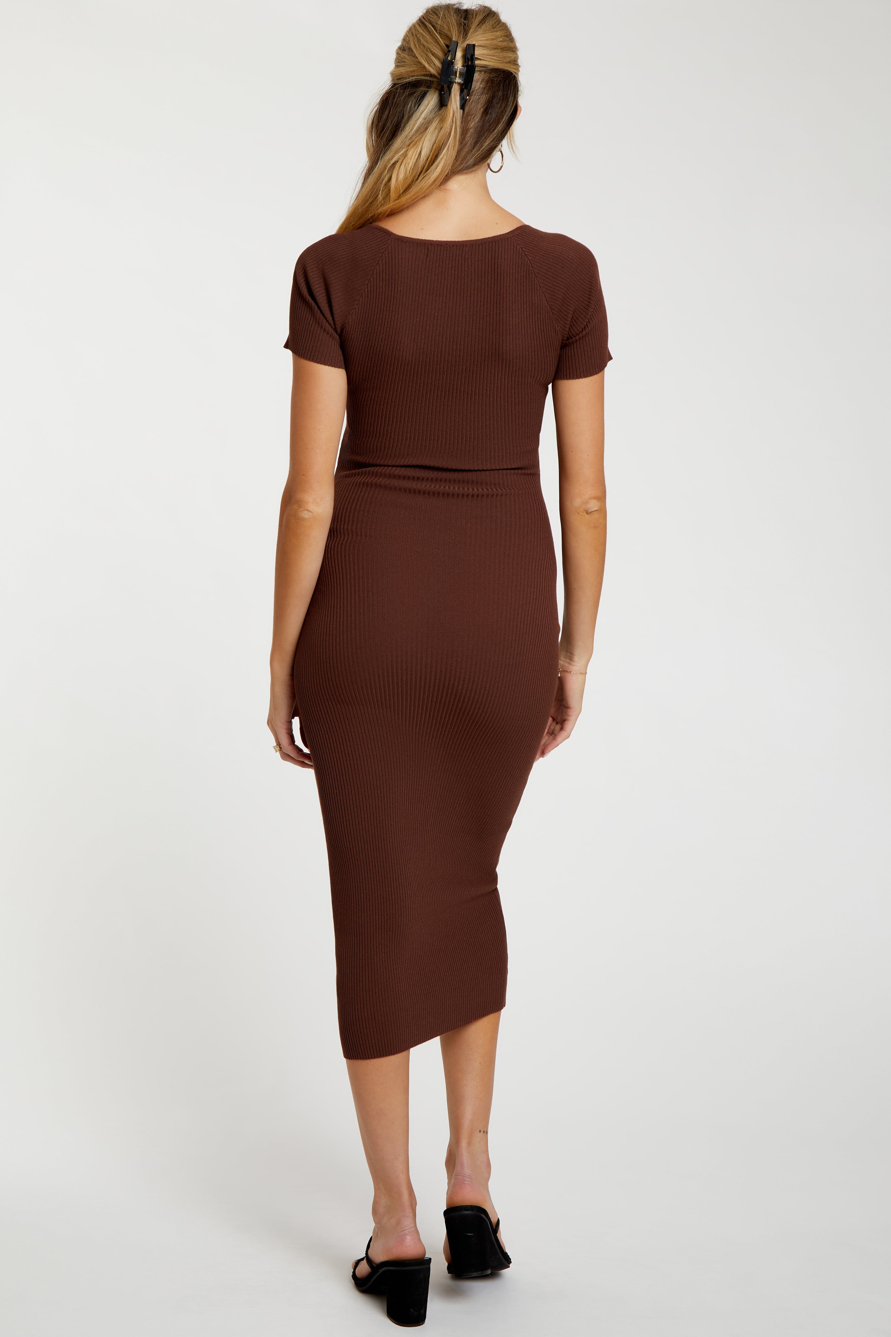 Brown Ribbed Maternity Midi Dress sold by Pinkblush product image thumbnail 4