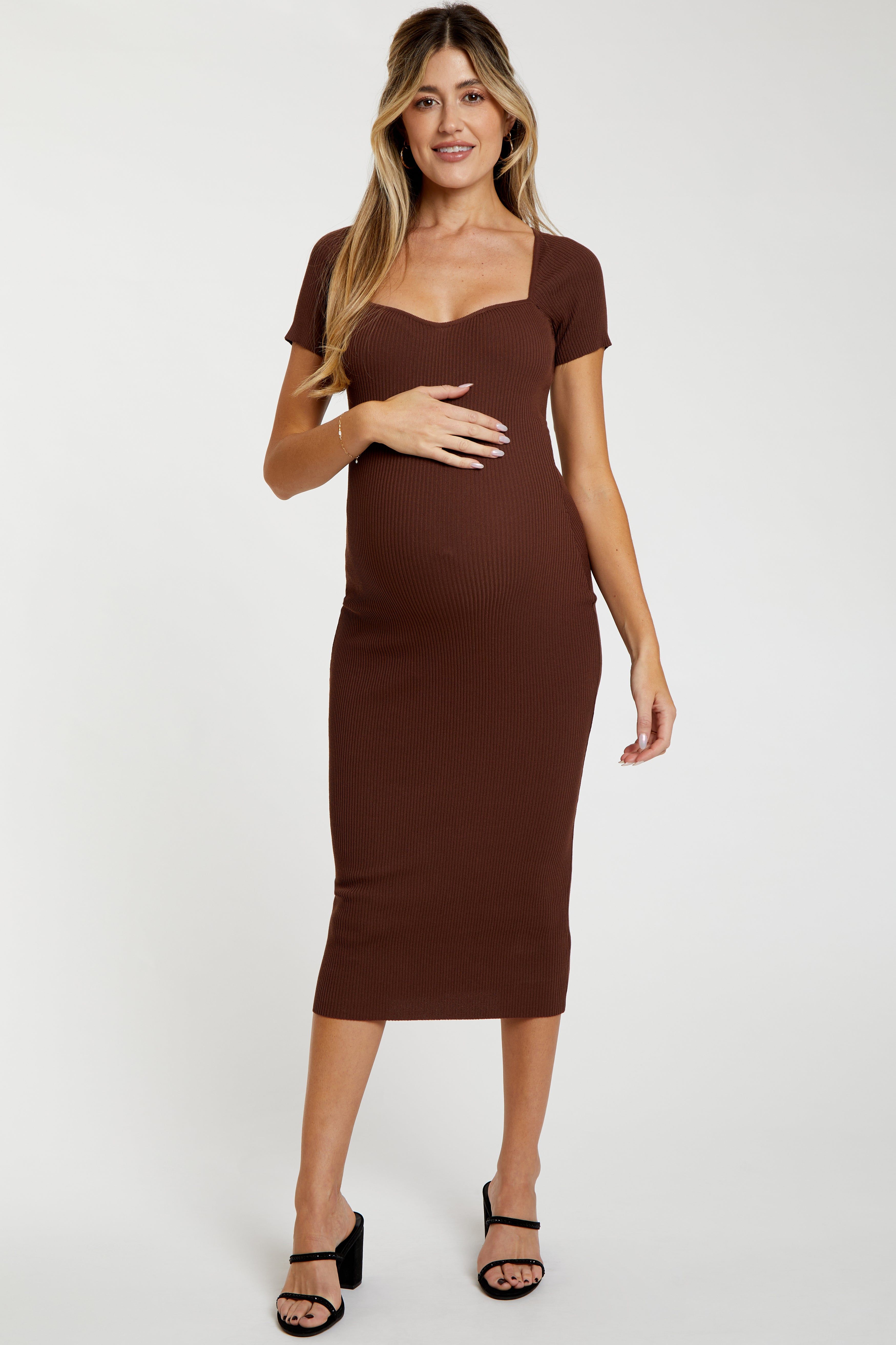Brown Ribbed Maternity Midi Dress sold by Pinkblush