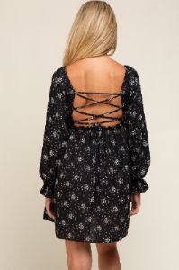 Black Floral Smocked Lace Up Back Maternity Dress sold by Pinkblush