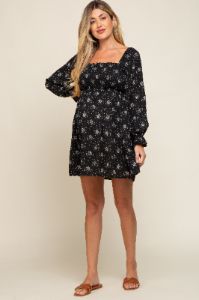 Black Floral Smocked Lace Up Back Maternity Dress sold by Pinkblush