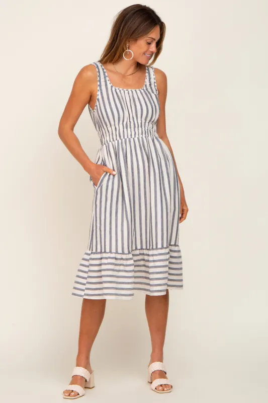 Blue Striped Sleeveless Ruffle Hem Midi Dress sold by Pinkblush