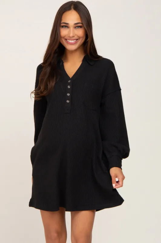 Black Waffle Knit Collared Long Sleeve Maternity Dress sold by Pinkblush