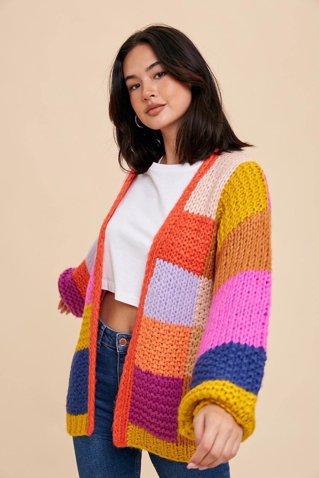 Multi-Color Checkered Thick Knit Cardigan sold by Pinkblush product image thumbnail 2