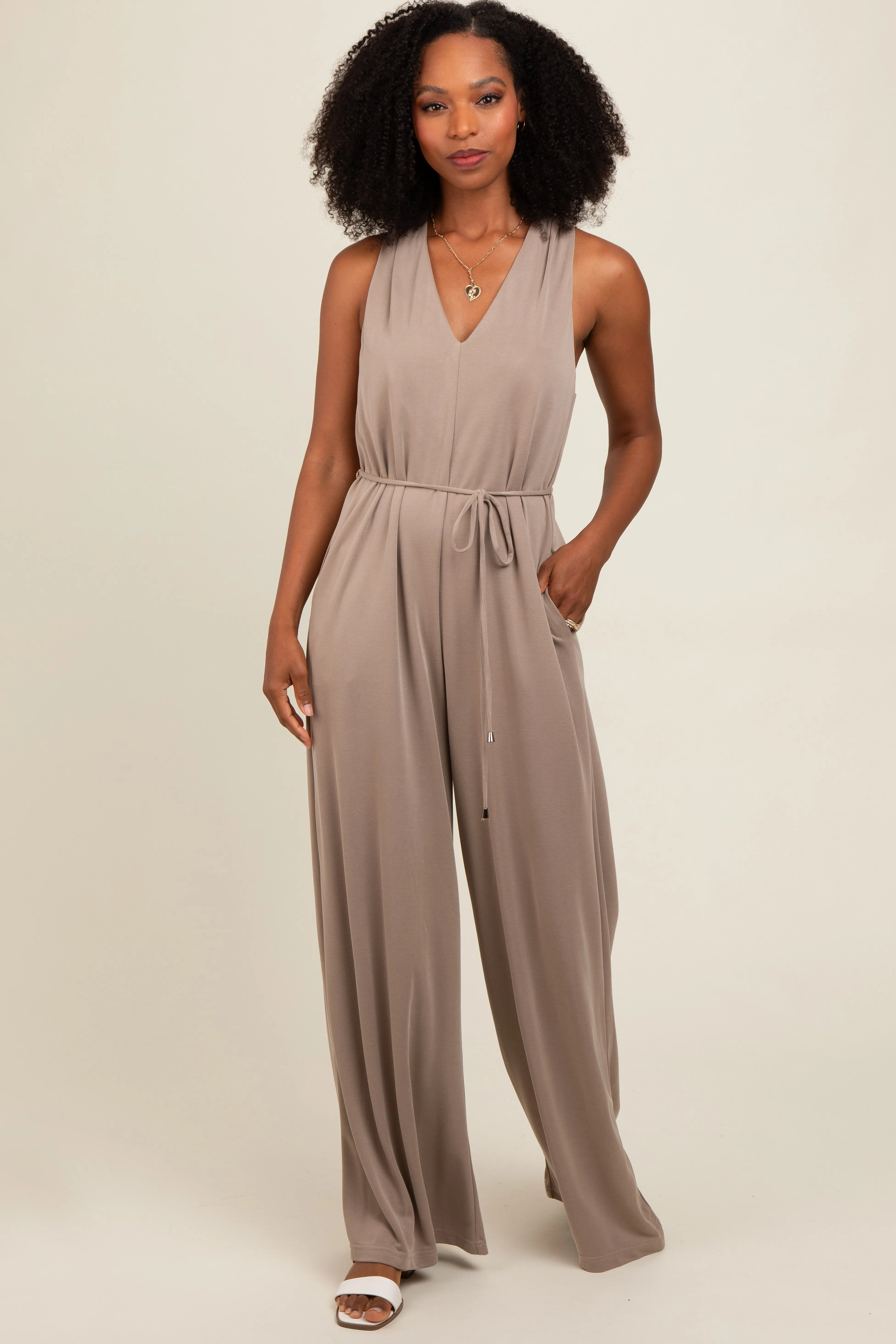 Mocha Racerback Wide Leg Jumpsuit sold by Pinkblush