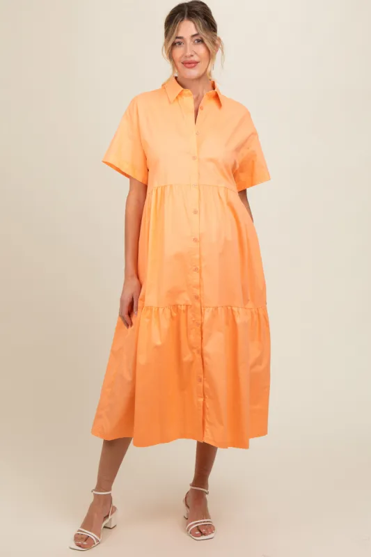 Orange Tiered Button Down Maternity Midi Dress sold by Pinkblush