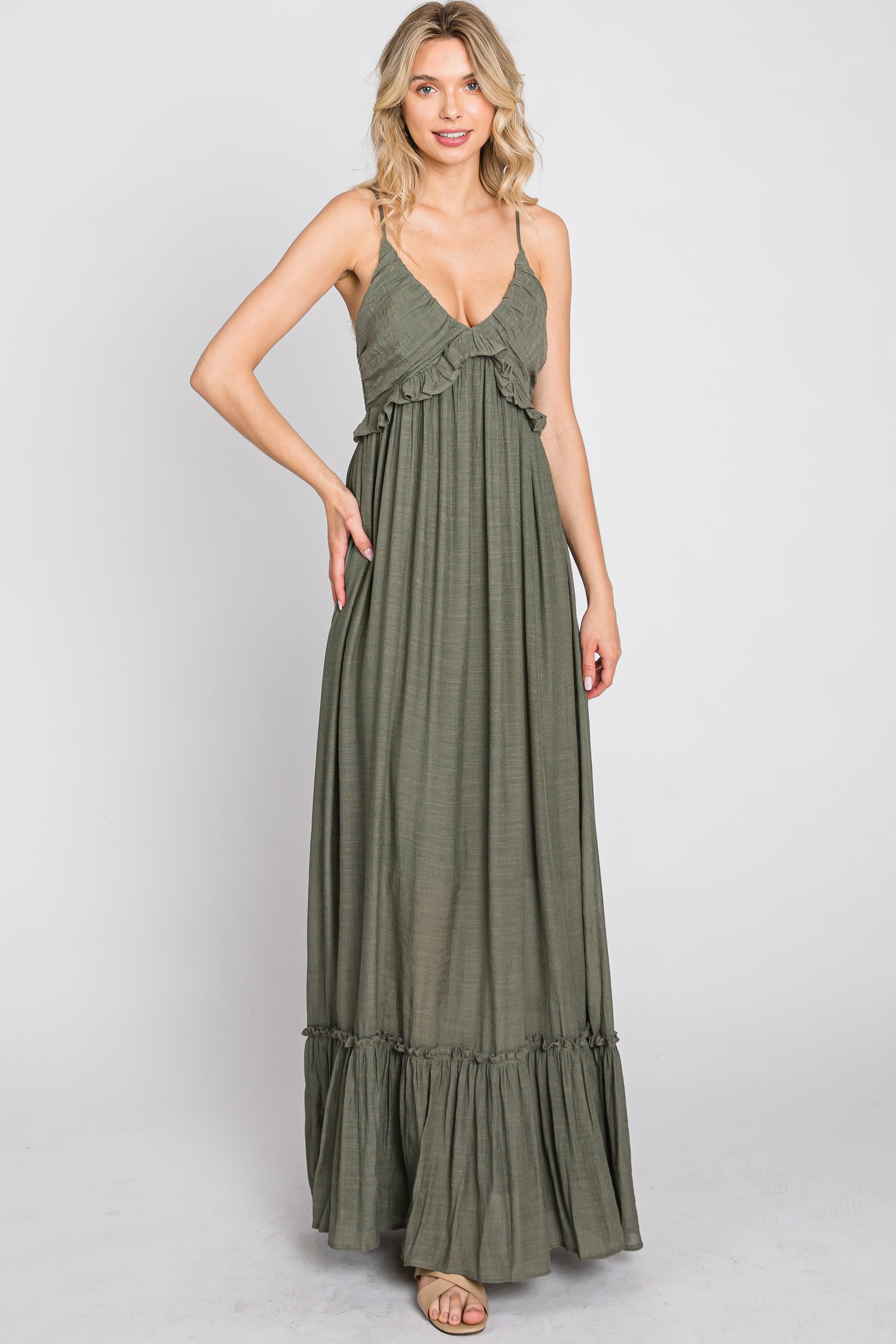 Olive Sleeveless Ruffle V-Neck Maxi Dress sold by Pinkblush product image thumbnail 4