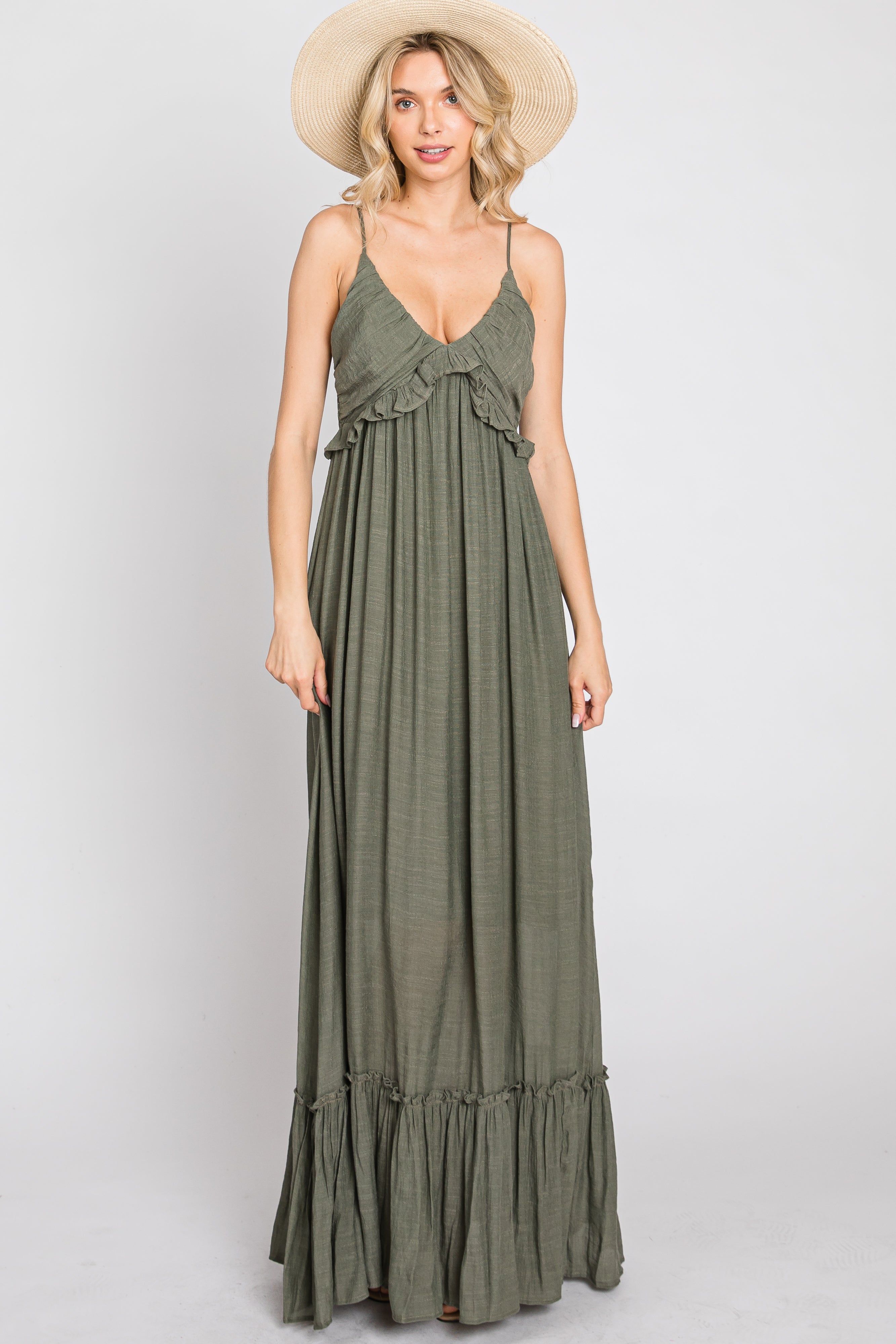 Olive Sleeveless Ruffle V-Neck Maxi Dress sold by Pinkblush