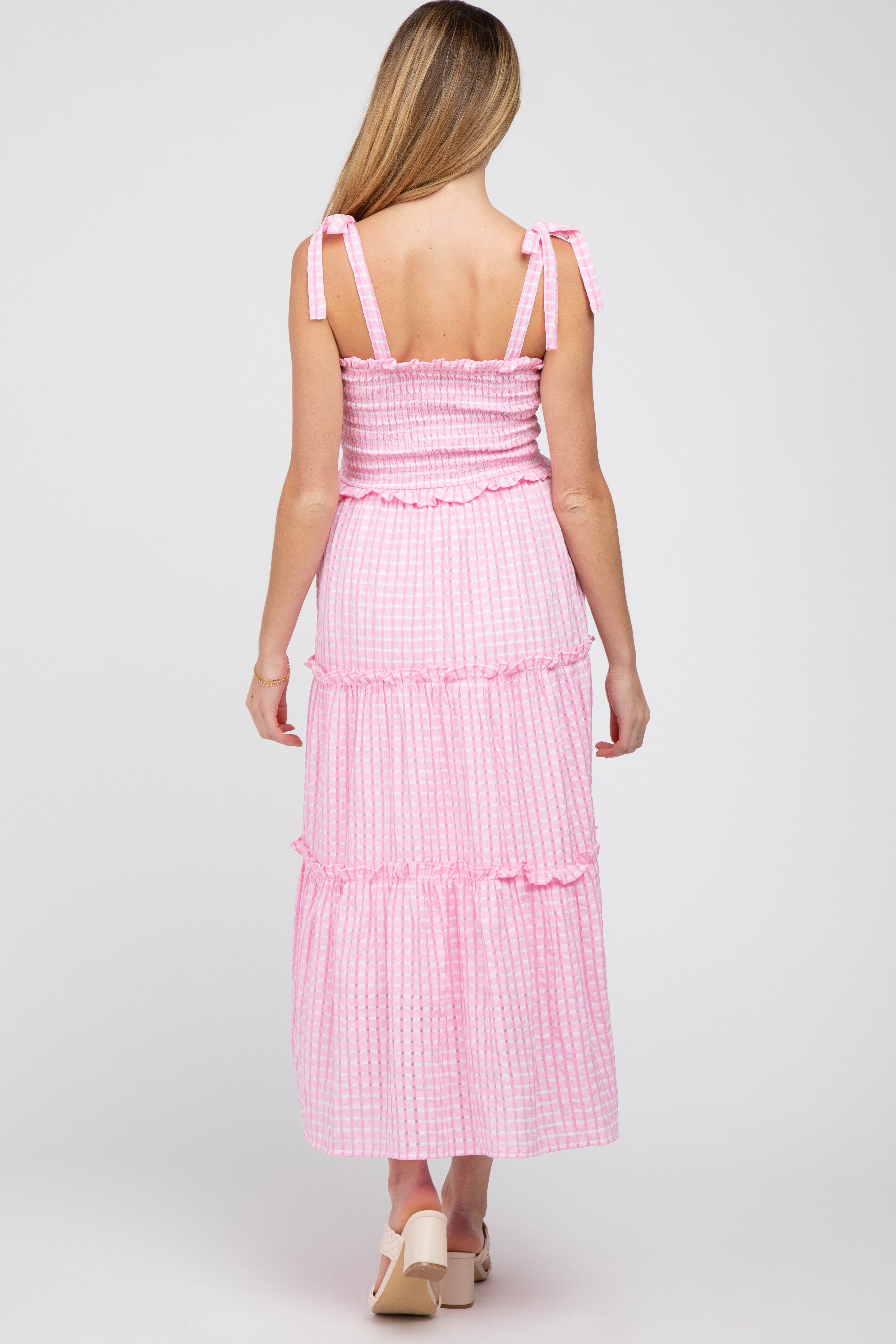 Pink Striped Smocked Shoulder Tie Maternity Midi Dress sold by Pinkblush product image thumbnail 3