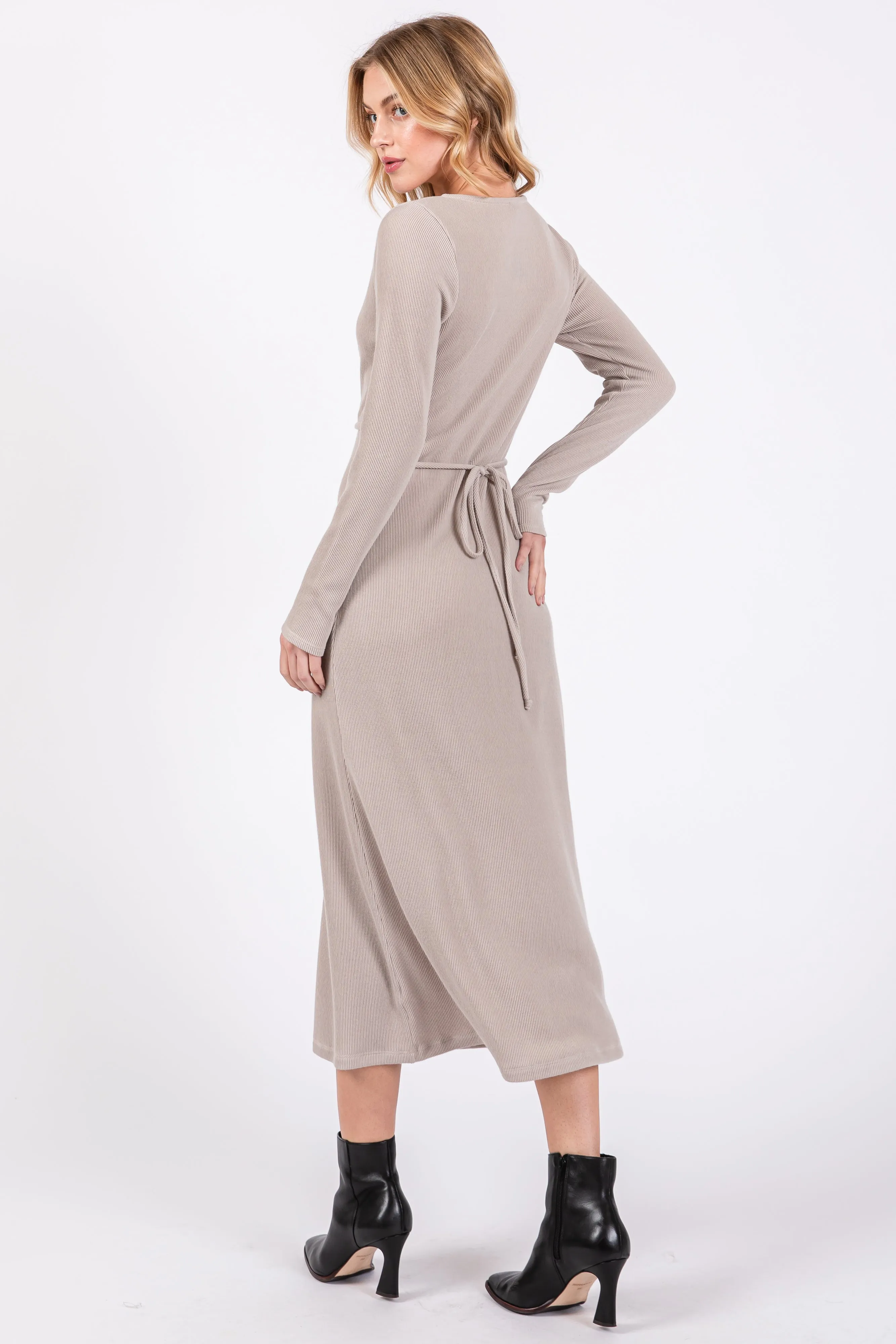 Beige Ribbed Long Sleeve Wrap Nursing Dress sold by Pinkblush product image thumbnail 3