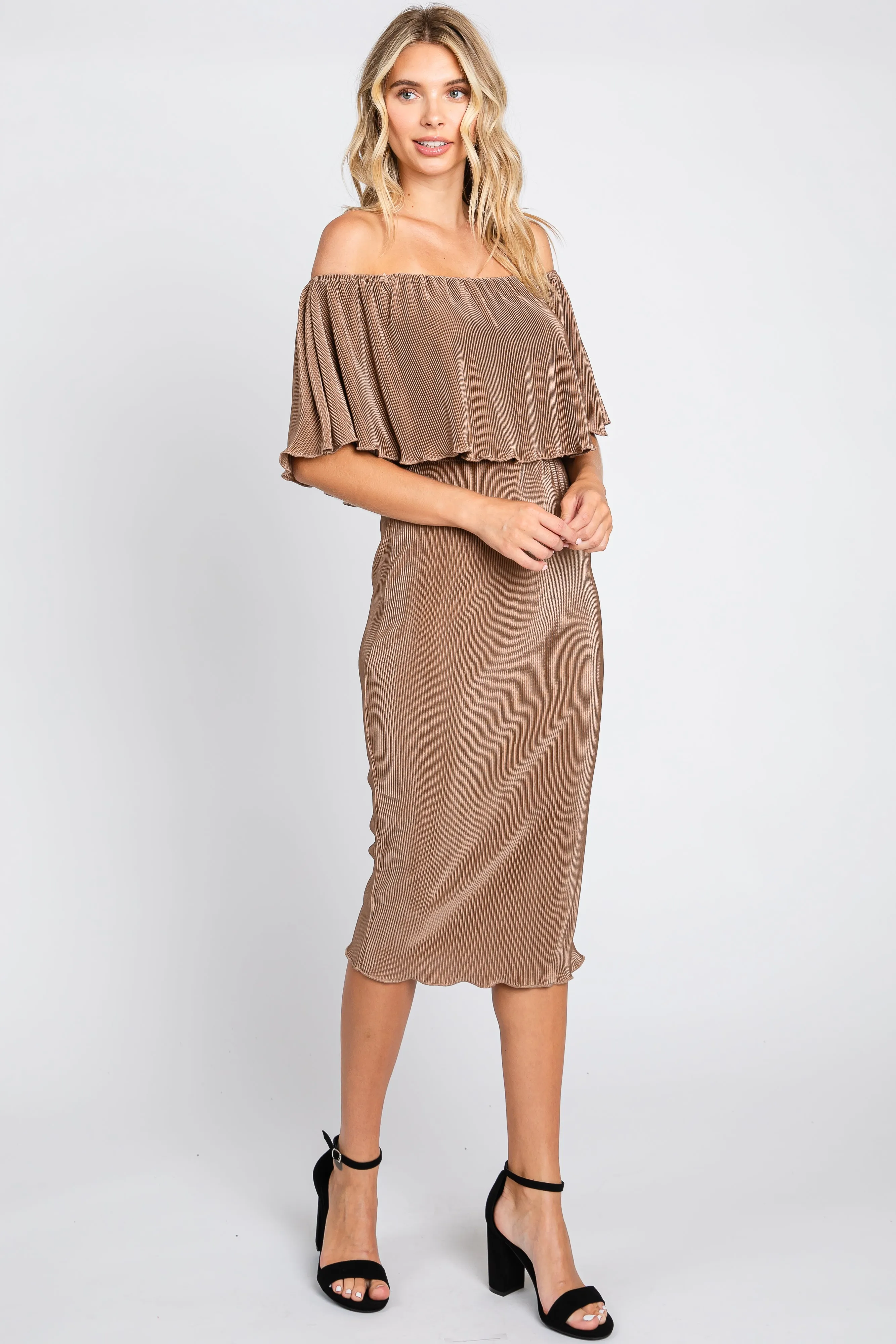 Mocha Pleated Rib Off Shoulder Dress sold by Pinkblush product image thumbnail 5