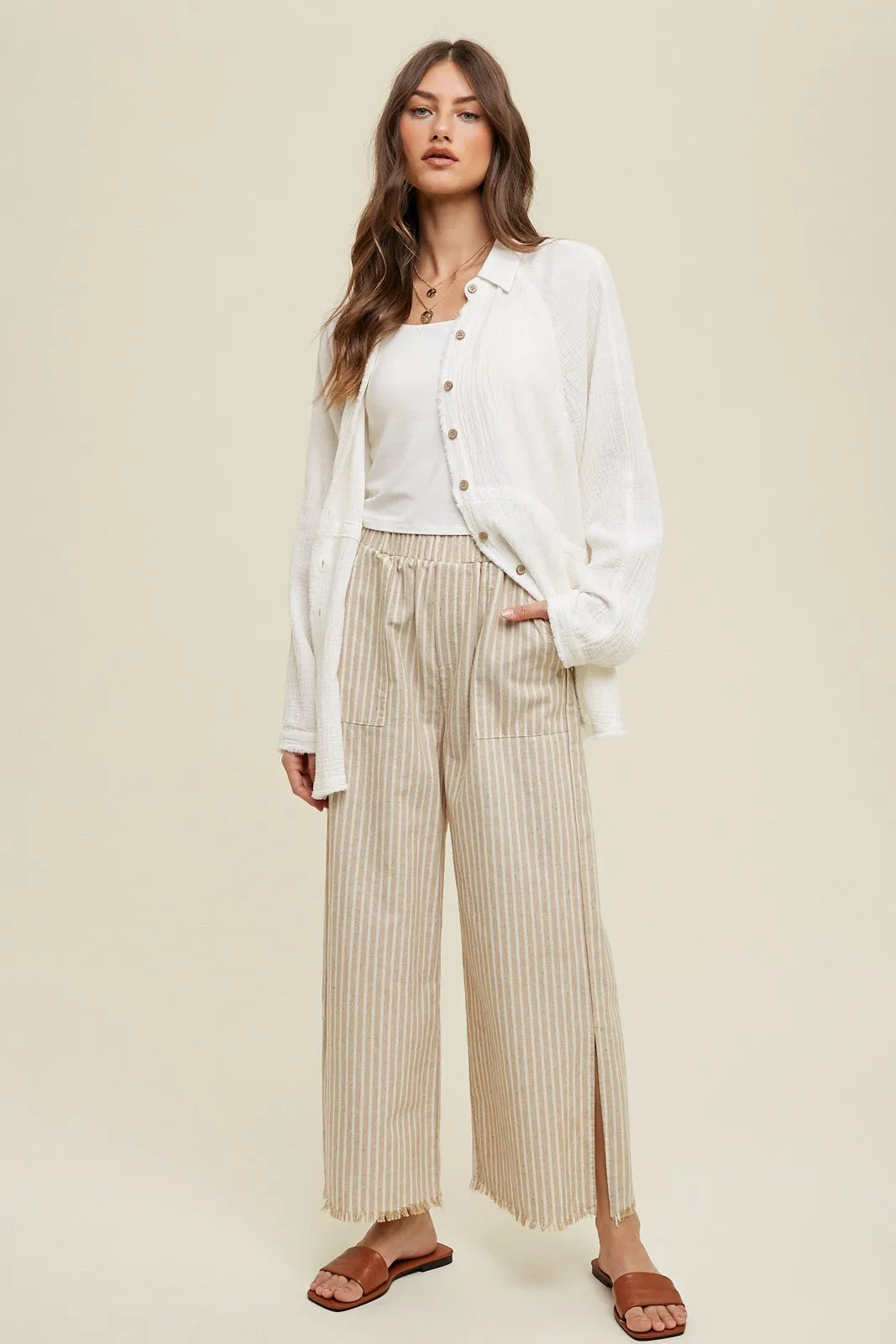 Taupe Striped Linen Slit Hem Pants sold by Pinkblush