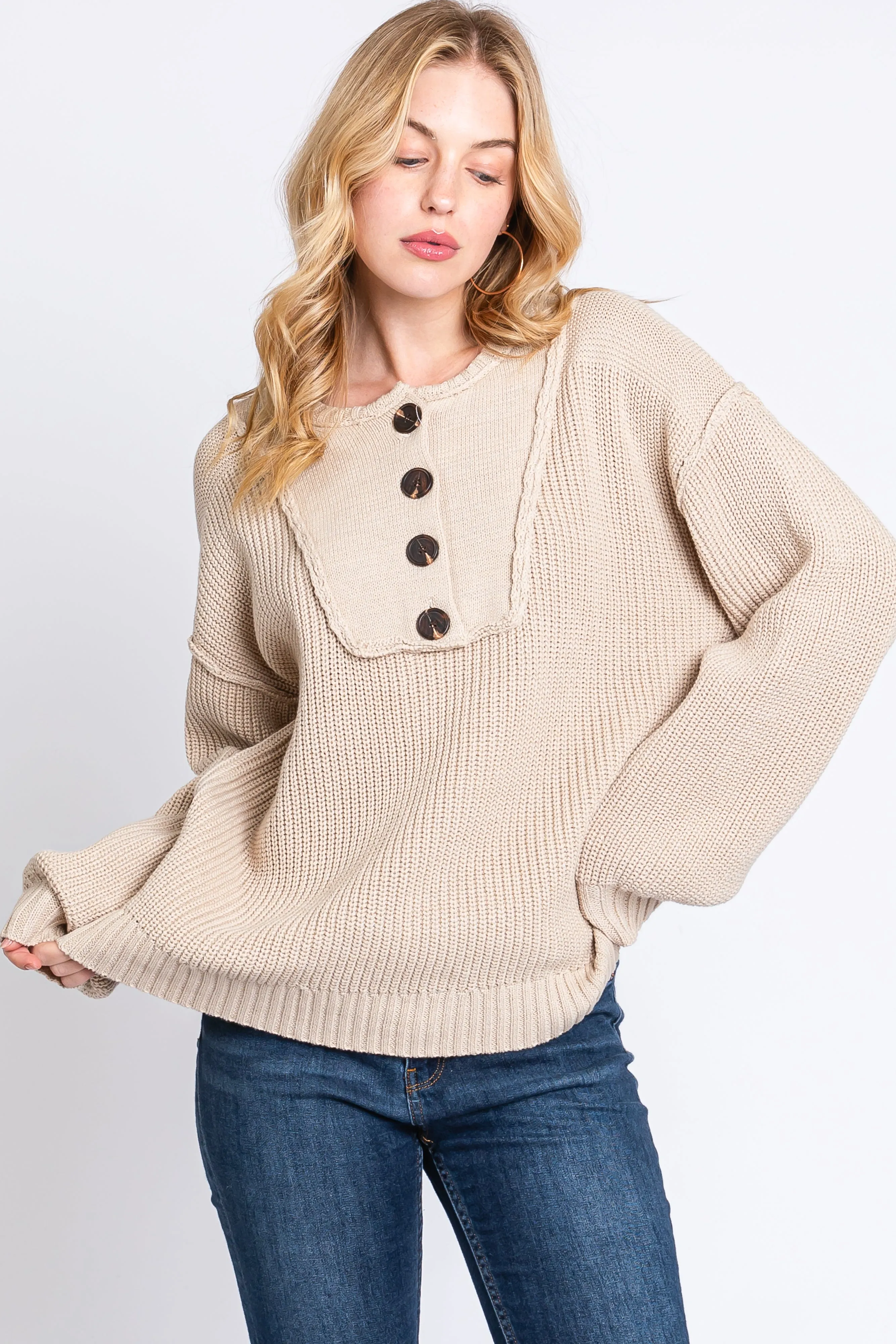 Beige Front Button Knit Sweater sold by Pinkblush