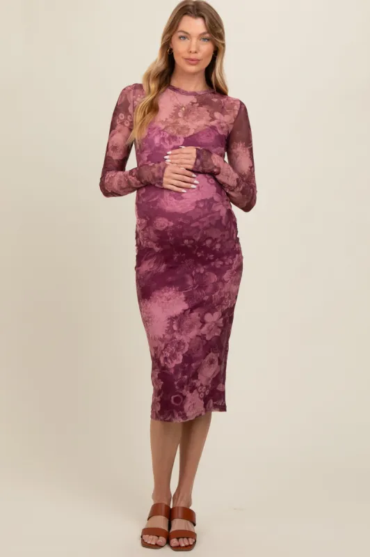 Magenta Floral Mesh Midi Maternity Dress sold by Pinkblush
