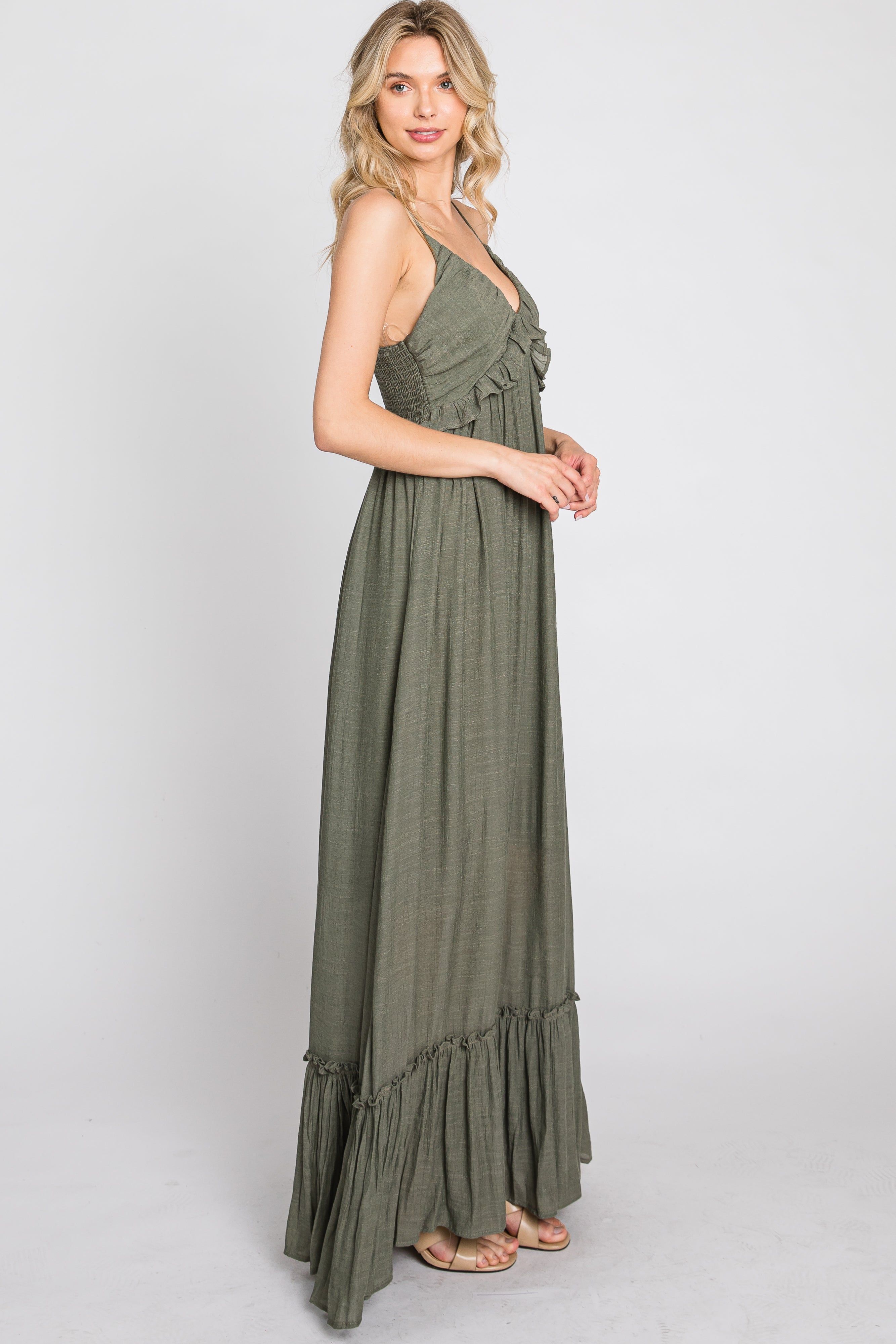 Olive Sleeveless Ruffle V-Neck Maxi Dress sold by Pinkblush product image thumbnail 5
